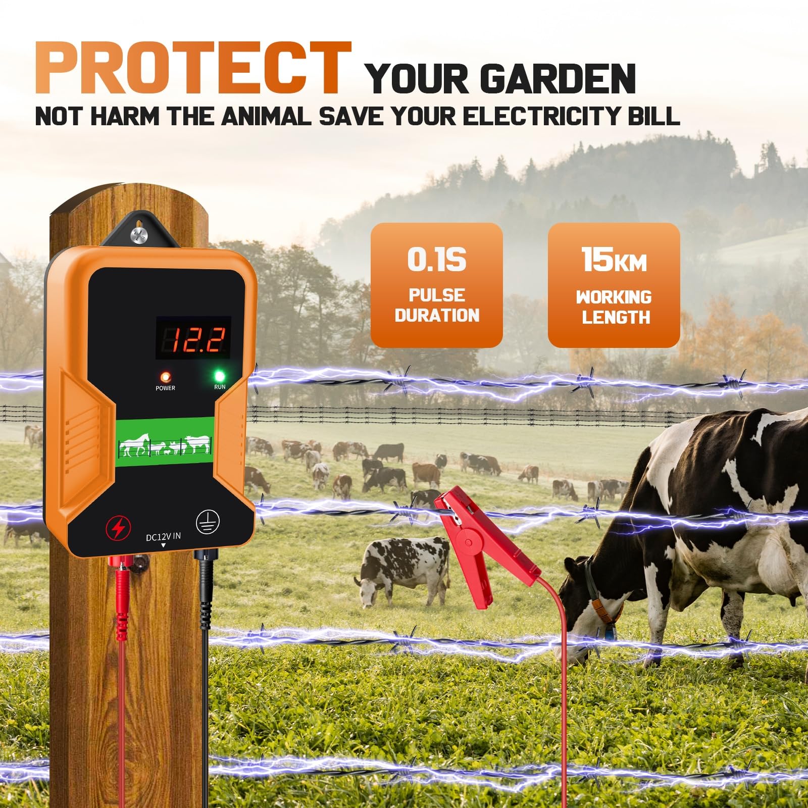 15KM Pastor electrico , cerca eléctrica Controlador de pulso de alto voltaje seguro Granja de animales Cerca eléctrica Pastor Granja de animales Pastor eléctrico para vacas, ganado, caballos (Negro)