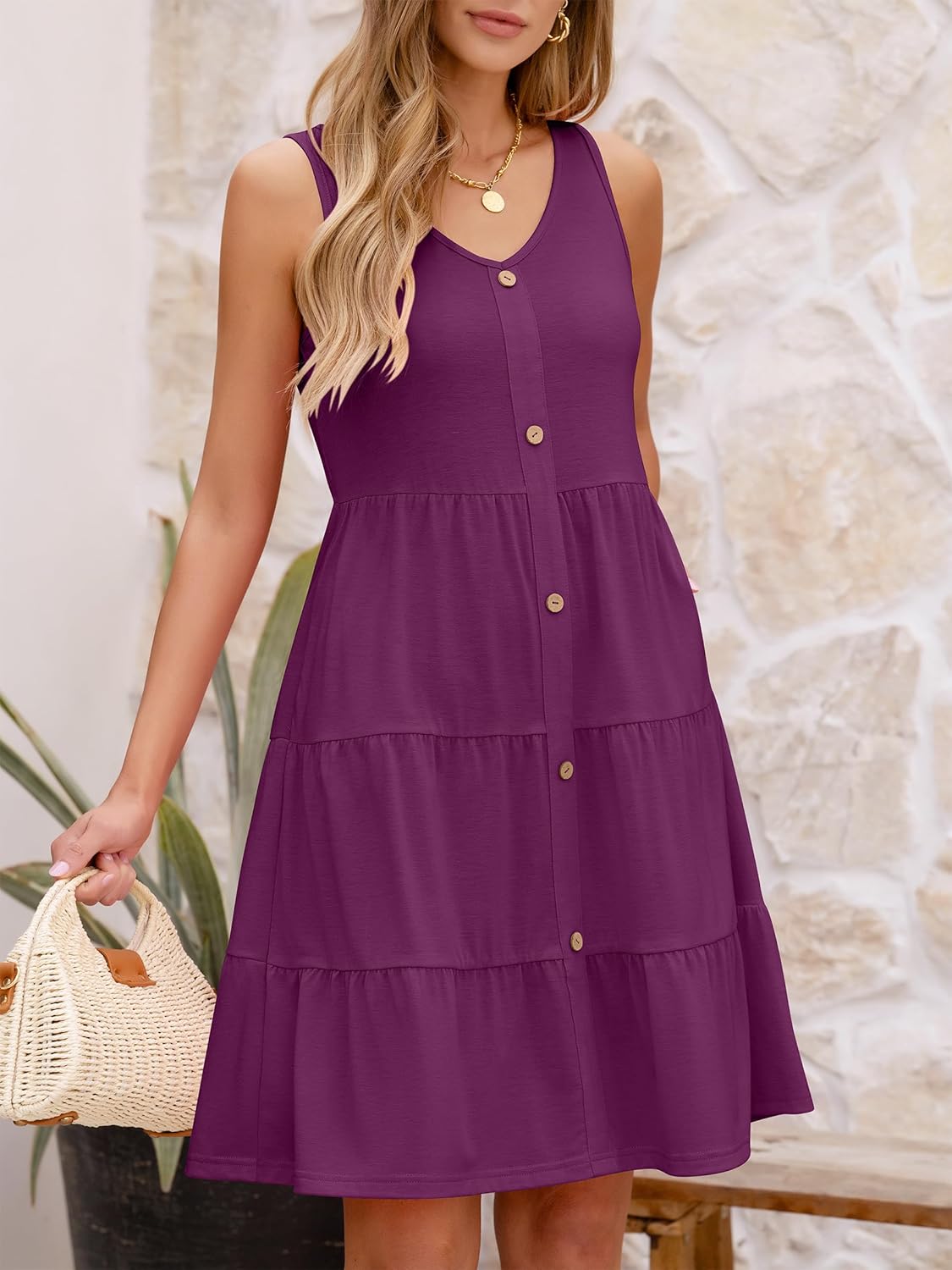ANRABESS Womens Summer Beach Vacation Dresses V Neck Sleeveless Casual Button Down A Line Swing Mini Sundresses with Pockets - Image 3