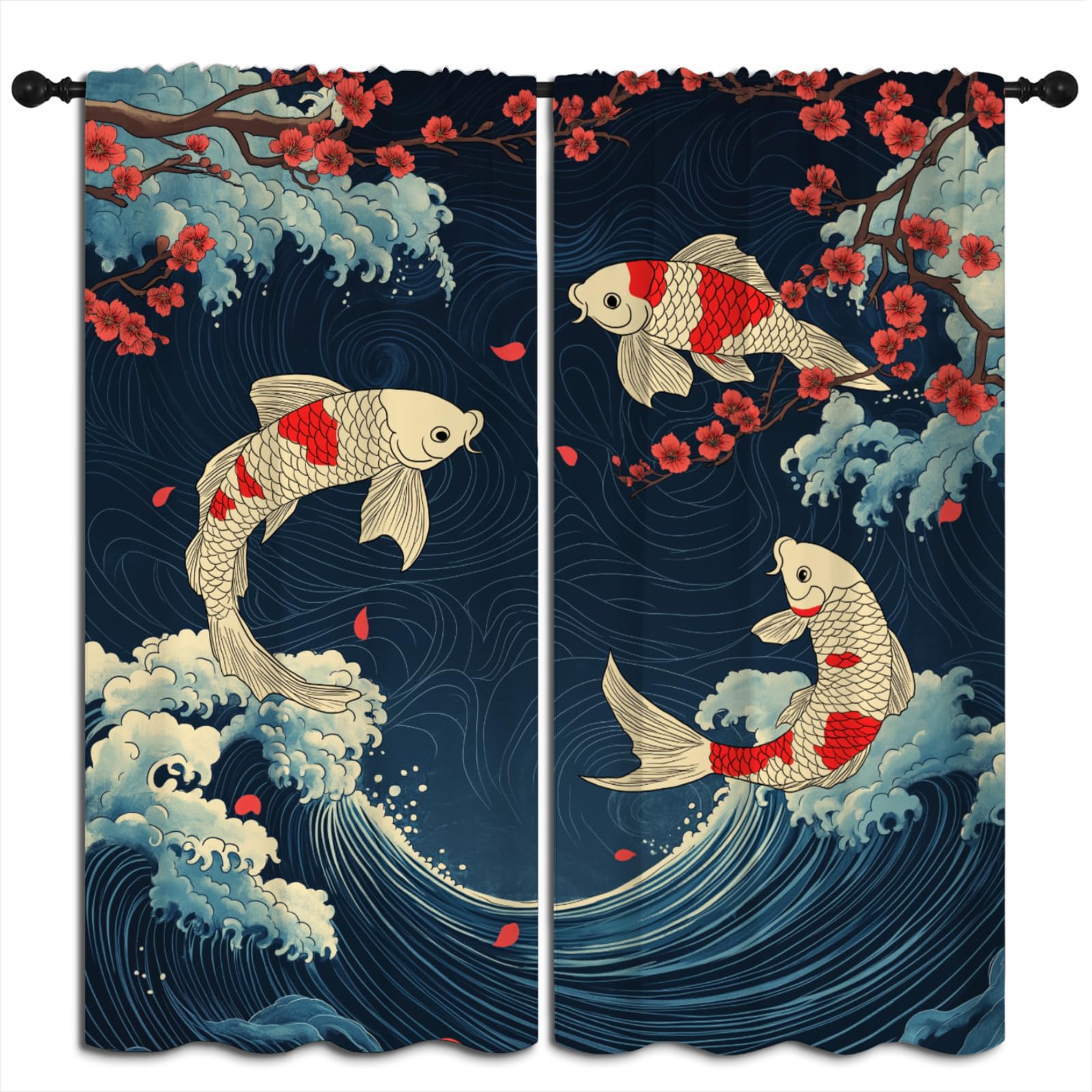 BAIGEZHU Koi Fish Blackout Curtains for Boys Girl Bedroom Home Decor, Japanese Wave Cherry Blossom Asian Style Thermal Insulated Rod Pocket Darkening