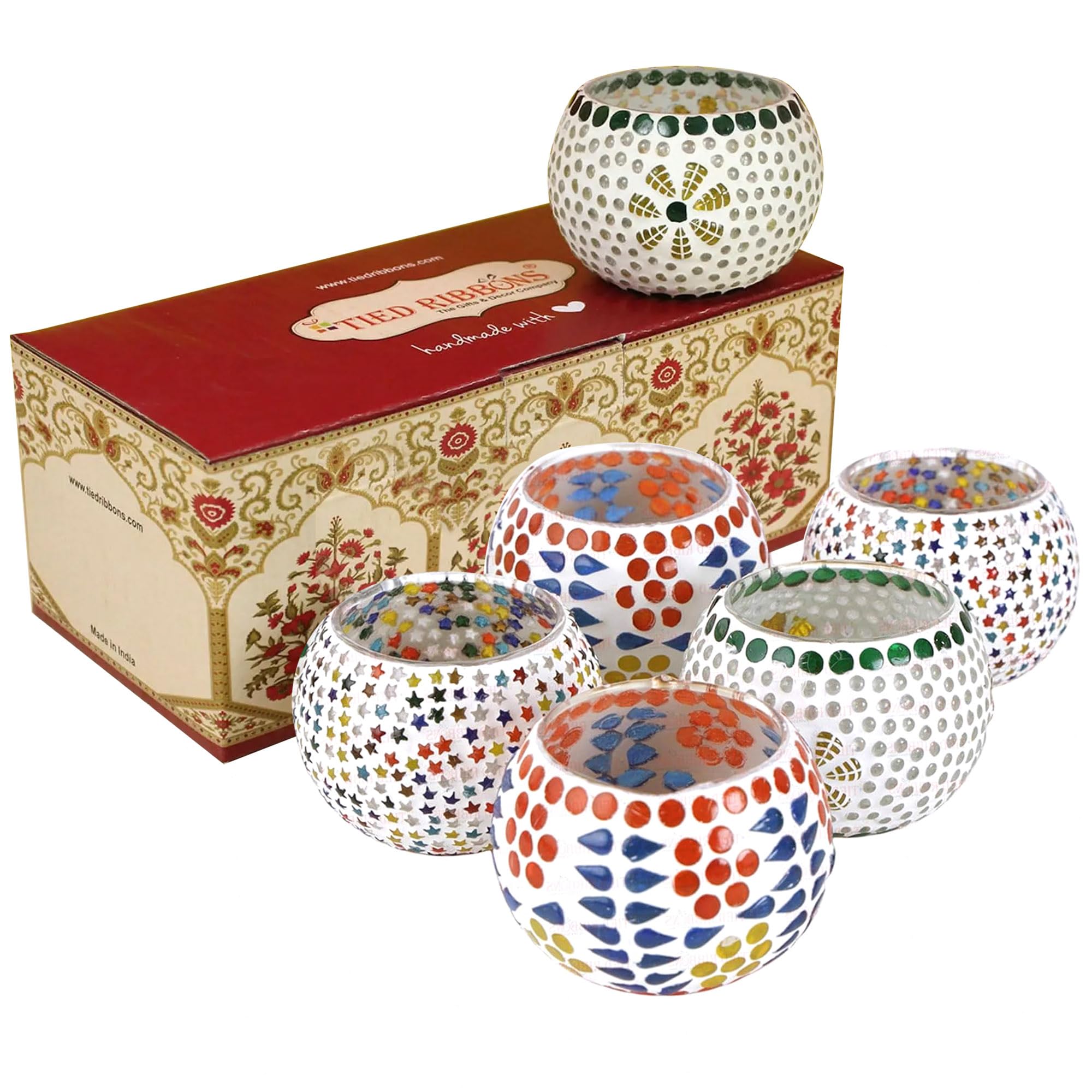 TIED RIBBONS Pack of 6 Mosaic Glass Votive Tealight Candle Holders for Dining Table - Decorations Items for Decor Living Room (Pack of 6, Glass) - Decorations Items for Home Office - Gifts 3