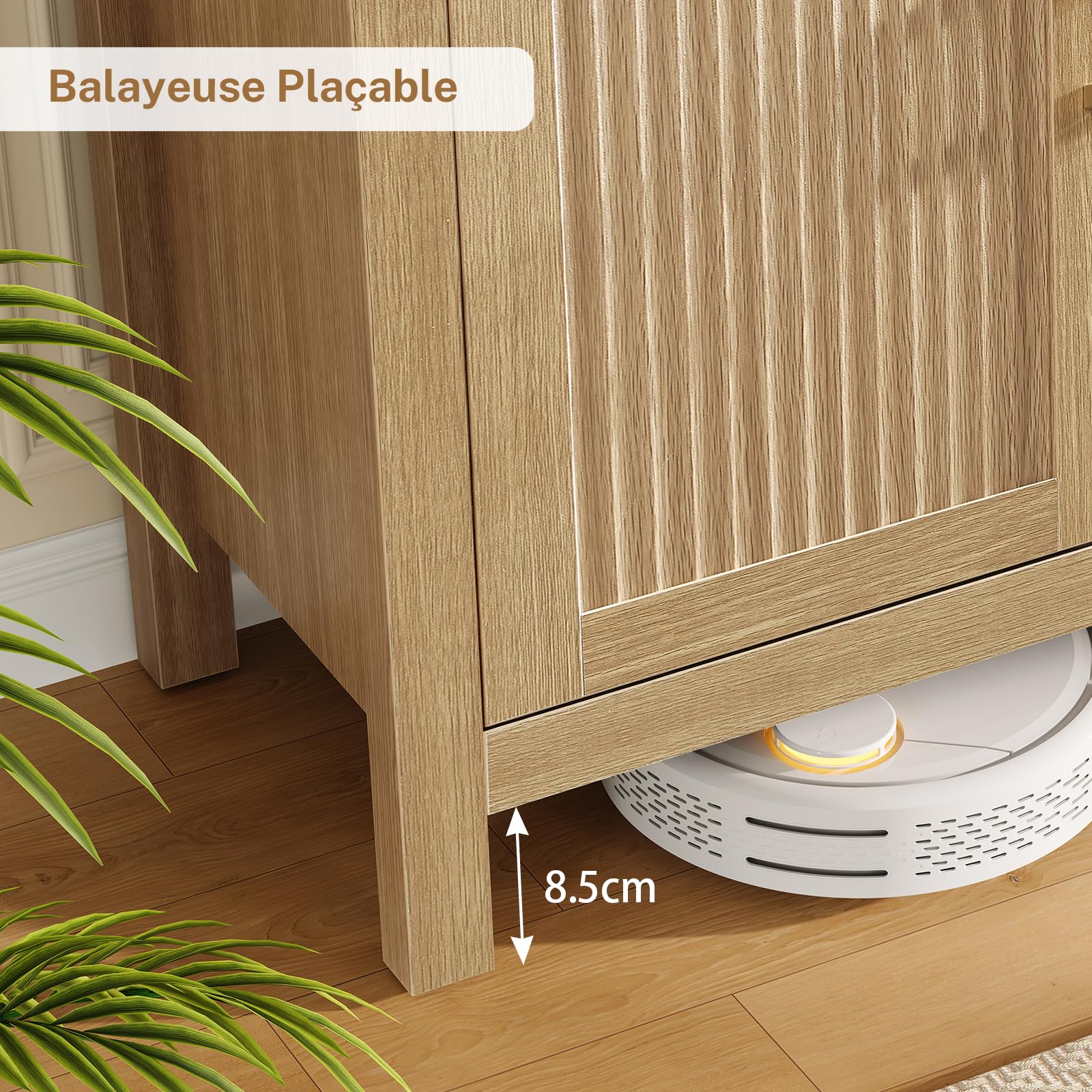 TEENFON 140cm Buffet Cuisine Cannelé 4 Portes, Meuble Cuisine à Étagères Réglables, Buffet Salle a Manger en Bois Naturel pour Salon, Cuisine – 140x38x83.6 cm