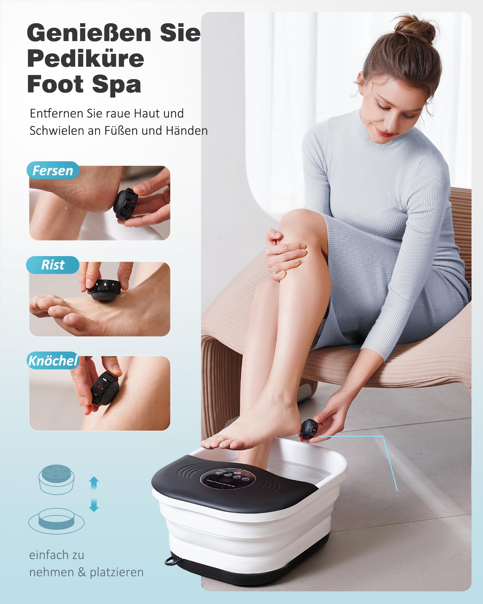 Bain de Pieds Massant Chauffant Pliable, Spa pour Pied avec Bulles, Minuterie, Lumière Rouge Infrarouge, Pierre Ponce, Température LCD Précise Réglable, Pédiluve pour Détendre les Pieds, Noir