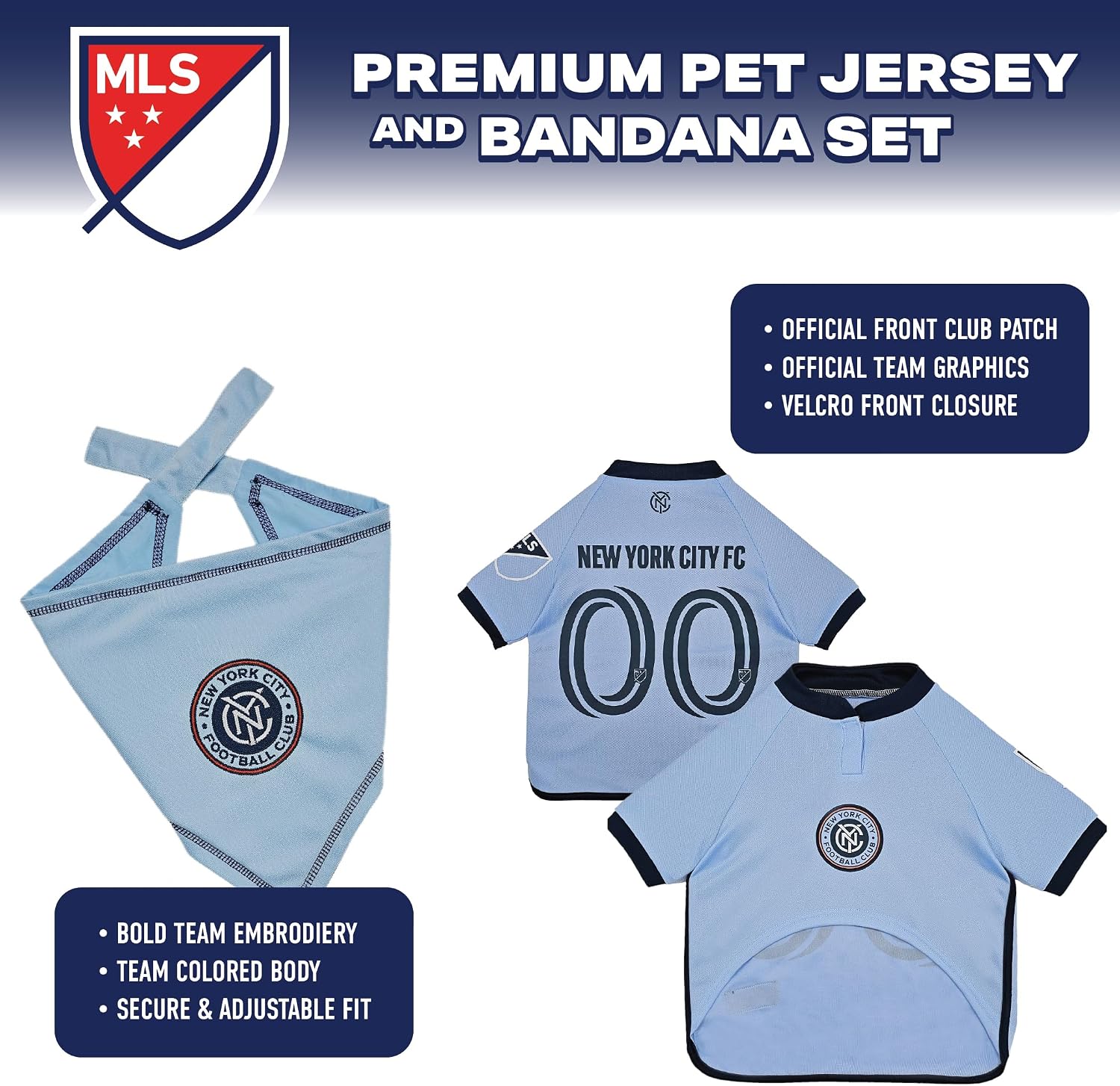 New York City FC Dog Jersey & Tie Bandana Set, Size X-Large | Official New York City FC pet fan gear for puppies, dogs, cats, tailgates, and MLS watch parties.