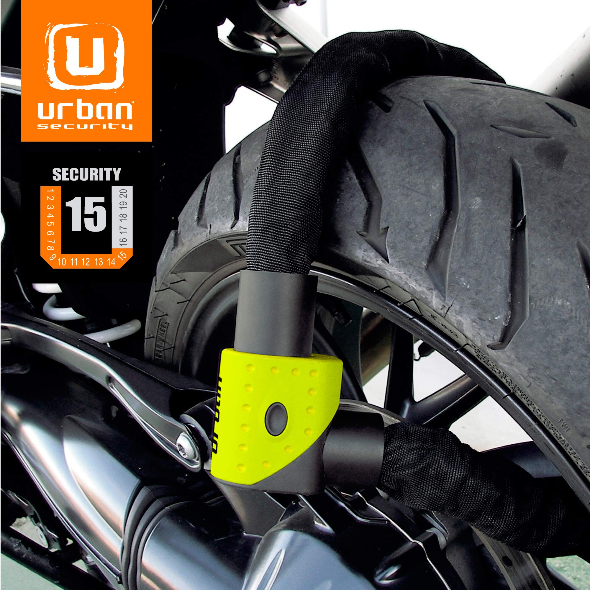 Urban 10K120 Cadena Antirrobo Alta Seguridad Homologado Art3, Ø10, 120Cm, Multicolor, 120 Cm + Ur6 Candado Antirrobo Disco Con Alarma + Warning 120Dba, 6 Mm, Made In Eu, Amarillo Flúor, Única