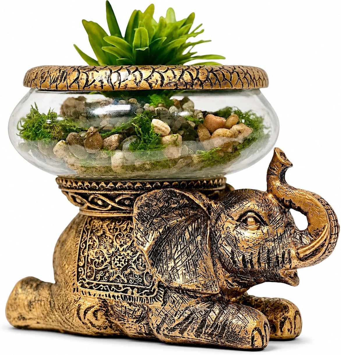 Good Luck Elephant Terrarium Bowl – Antique Gold Elephant Figurine with Removable Glass Bowl, Succulent Planter, Candle Holder, Zen Decor Gift for Home Office Living Room