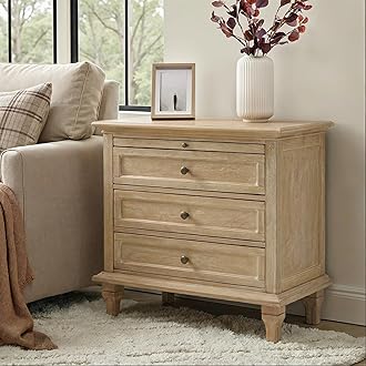 Farmhouse 3 Drawer End Table with Tray, Drawer Organizer with Solid Wood Legs, End Table with Charging Station（Natural）