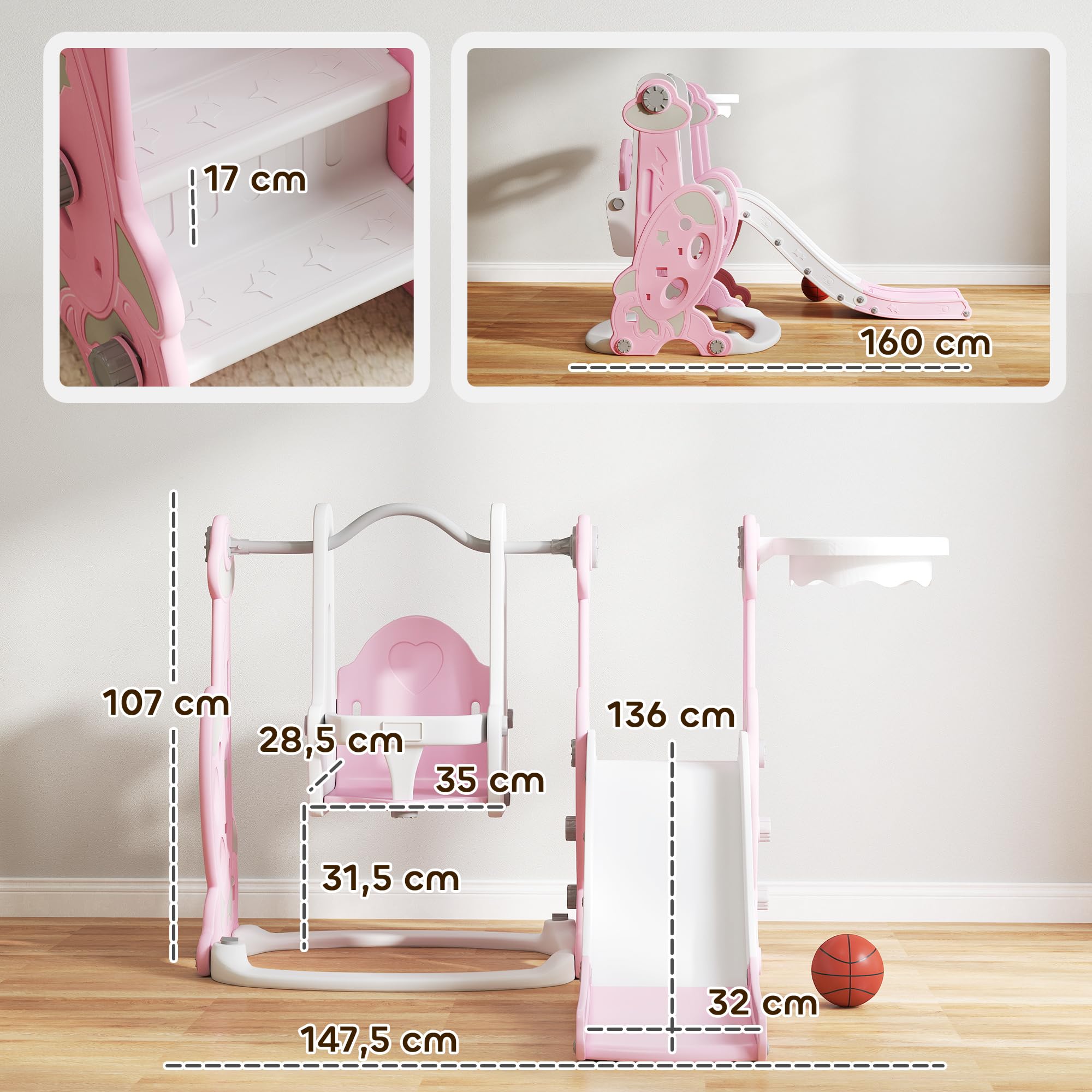AIYAPLAY Tobogán Infantil 4 en 1 Parque Infantil con Columpio y Tobogán Escalador Aro de Baloncesto Temática de Cohete para Interior Rosa y Blanco
