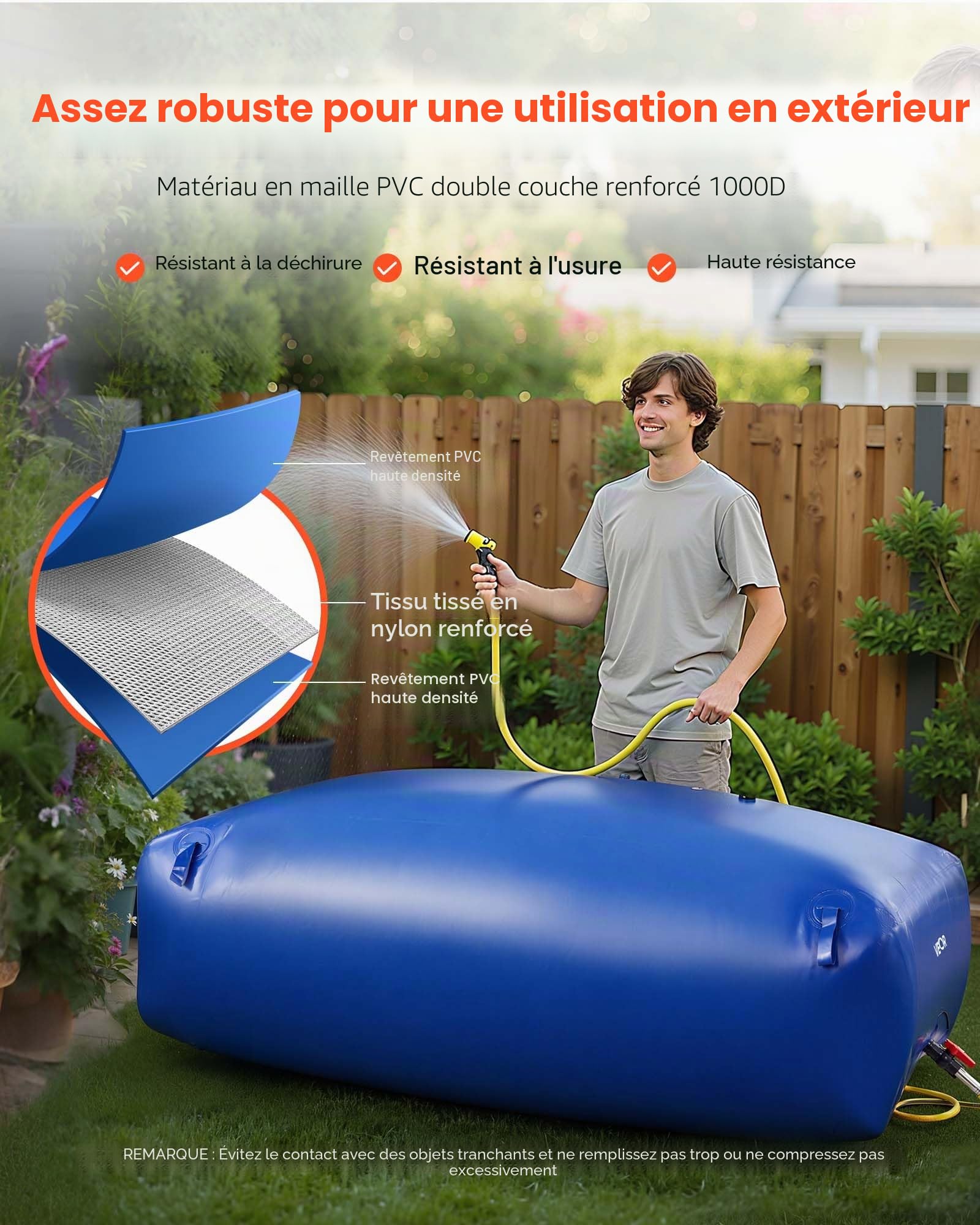 VEVOR Réservoir d'Eau Souple 1000 L Vessie de Stockage Eau Pliable, PVC Grande Capacité, pour Irrigation Jardin, Camping, Camping-car, Extérieur