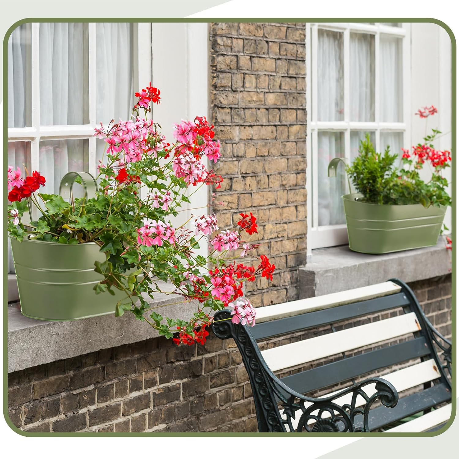 Hicarer 4 Pcs Metal Hanging Flower Pots for Railing Fence, 10.6 Inch Hanging Rail Planters for Outdoor Window Balcony Plants Holder with Hooks for Garden Yard Home Decor (Green)