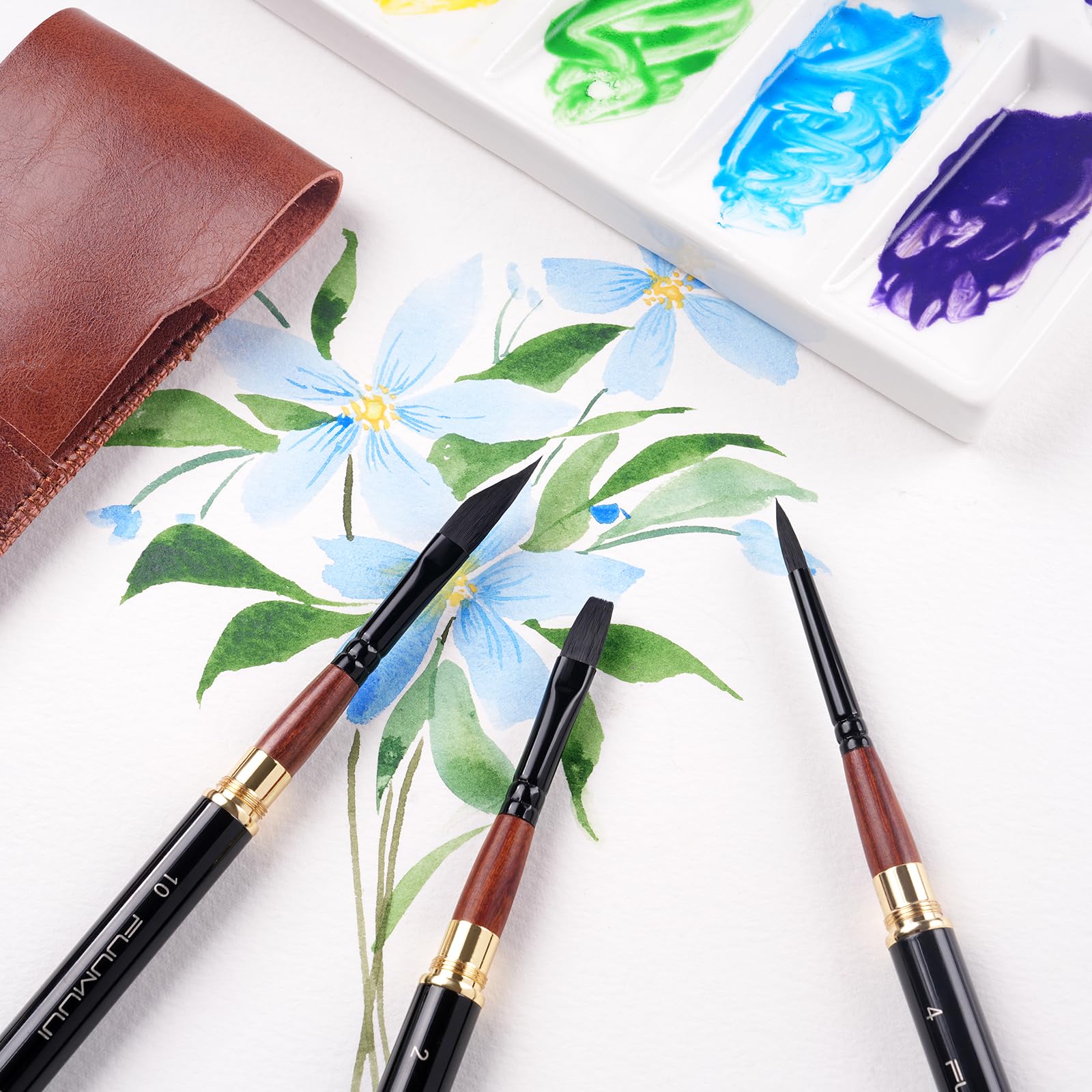 Pennelli da Viaggio a Doppia Punta Professionali - 3 Pennelli di pelo Sintetico Scoiattolo con Custodia in Pelle per Acquerello, Guazzo, Inchiostro | Alto Assorbimento dell'Acqua | Watercolor Brushes