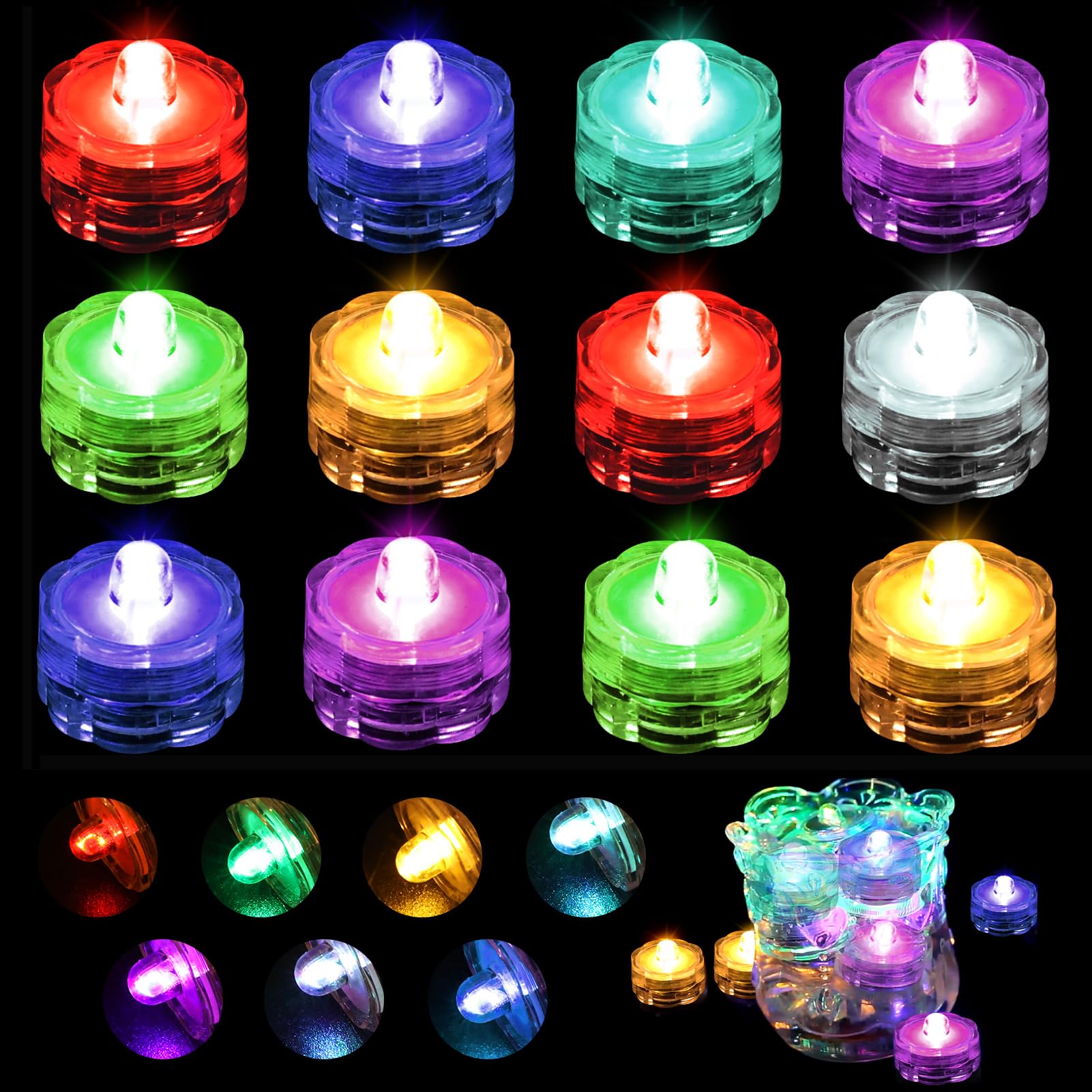 Joycabin Pack of 12 Submersible LED Lights, Flameless LED Candles, Tea Lights, Mini Underwater Light, Waterproof Lights, Small LED Decorative Lights for Aquarium, Garden, Pond, Wedding Party