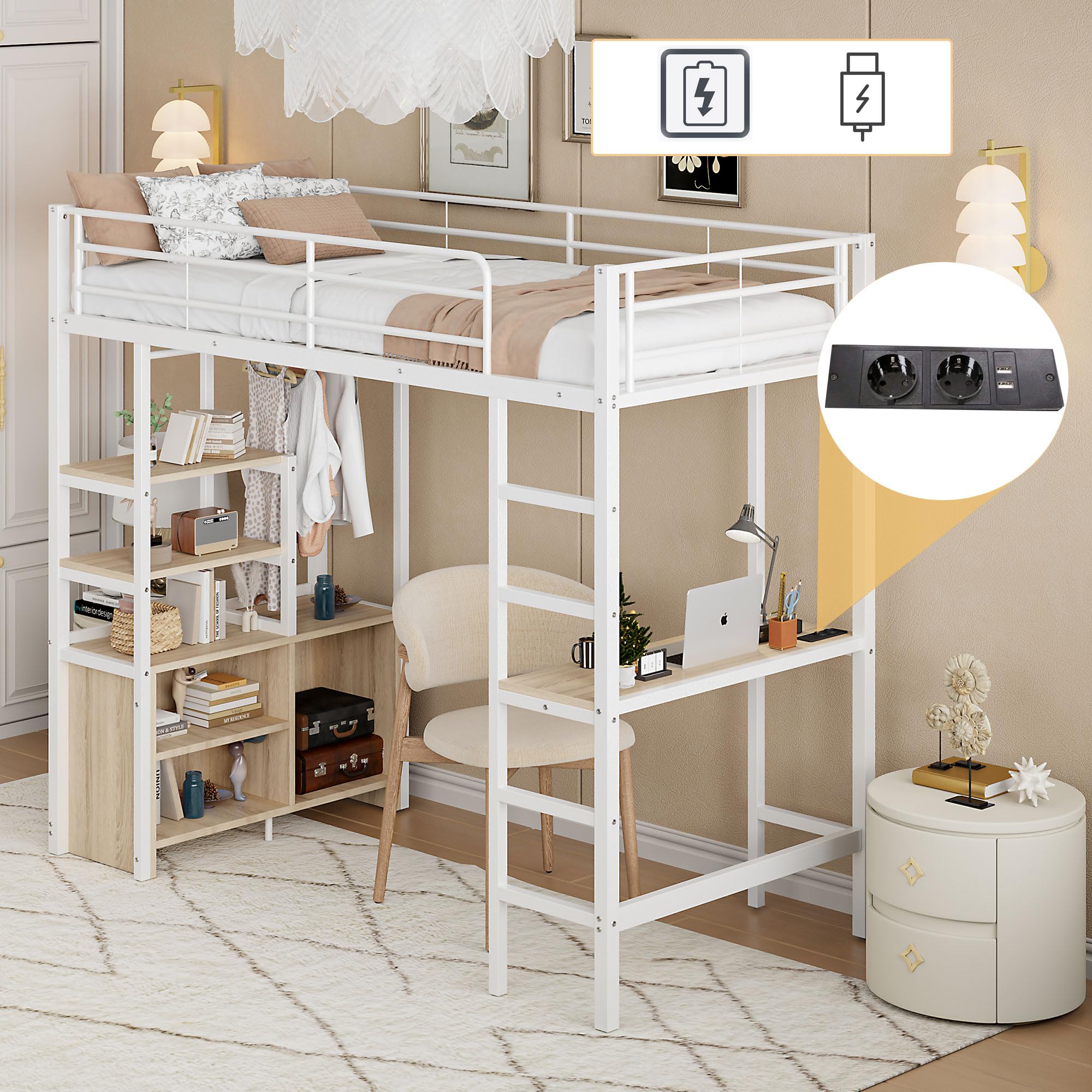 Azkoeesy Cama alta de metal con escritorio, 90 x 200 cm, multifunción, cama individual, cama juvenil, con barra de ropa, estante de almacenamiento, enchufe, color blanco