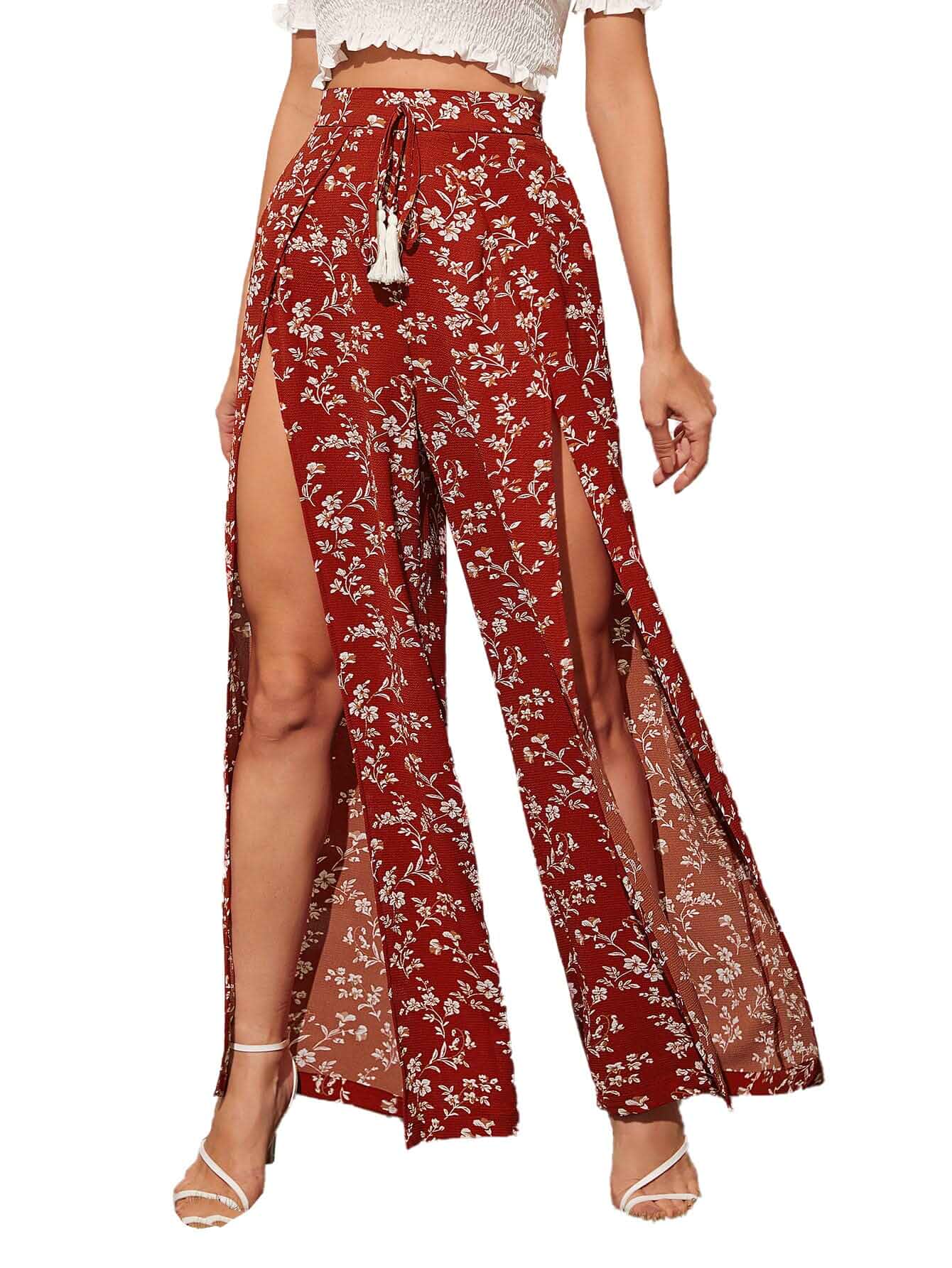 Floerns Women's Ditsy Floral Tie Front Wide Leg Wrap Long Pants