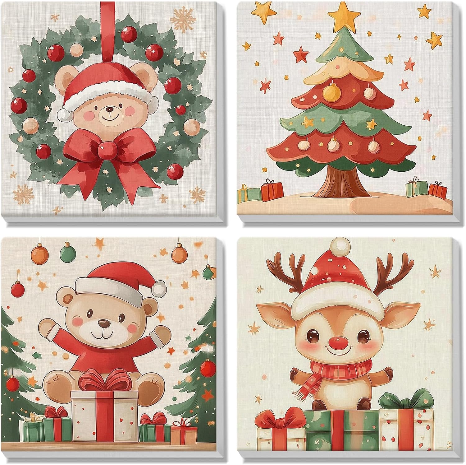 MISCER Christmas 4 Pack Paint by Numbers for Adults Beginner, Bear Paint by Number Kits for Kids, Elk DIY Acrylic Oil Painting Suitable for Home Decoration (8x8inch)