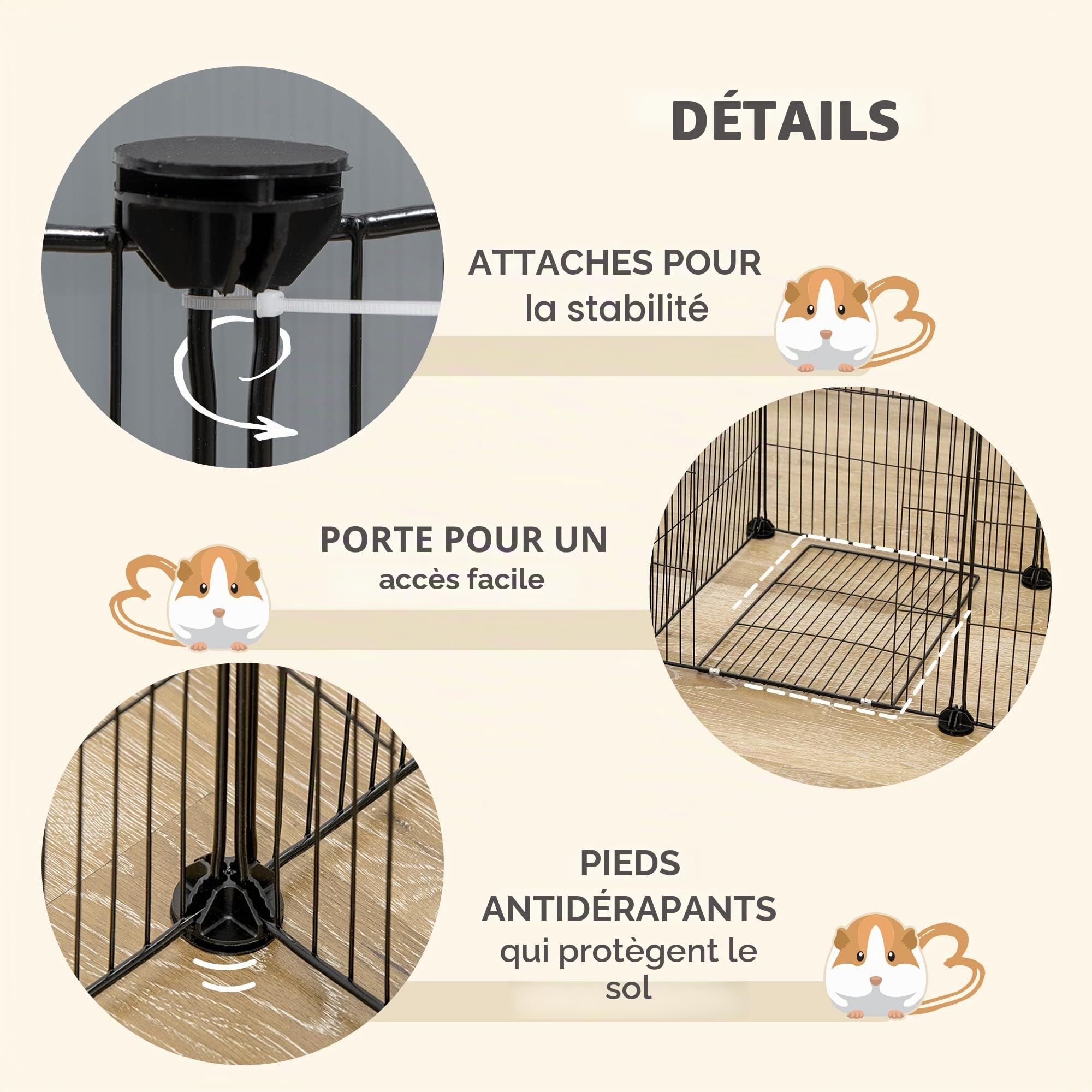 PawHut Cage pour cochons d'Inde, clôture pour Petits Animaux, 18 pièces avec Porte pour extérieur et intérieur 175 x 70 x 45 cm, Noir