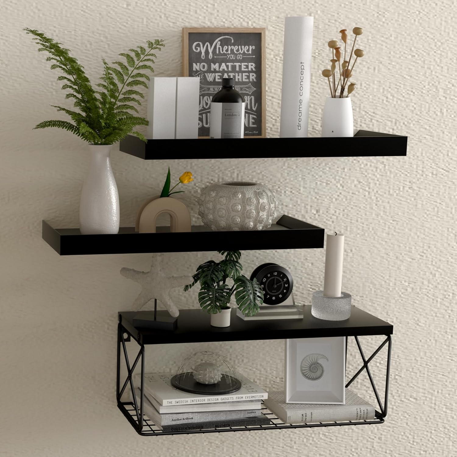 Floating Bathroom Shelves with Wire Storage Basket, Wall Mounted Shelf Over Toilet, 3+1 Tier Wall Decor Small 15.7 Inch Set of 3(Black)