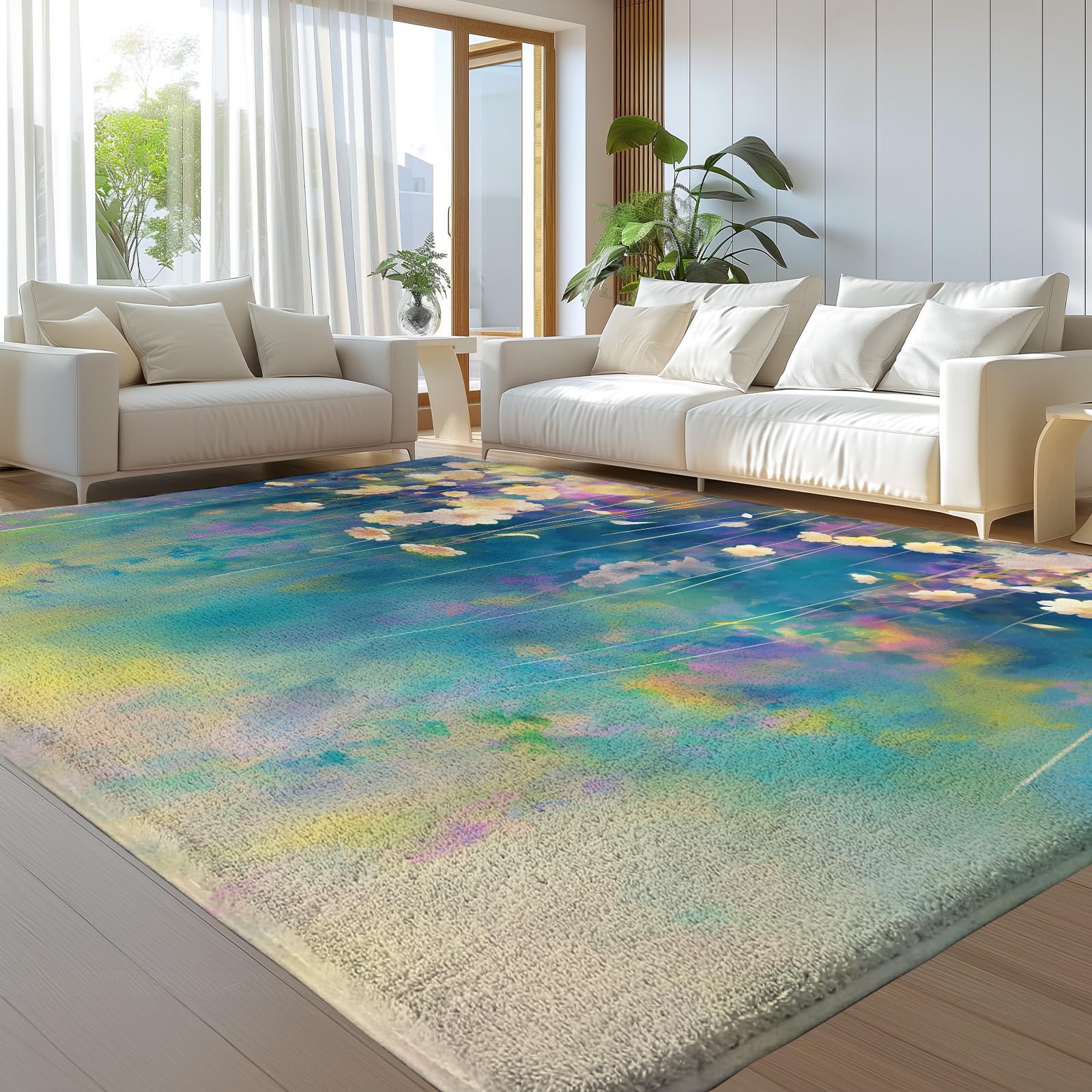 Tapis de salon lavable motif jardin abstrait doux 90x150cm