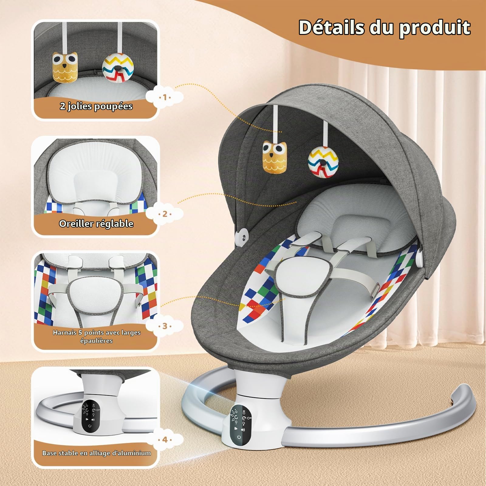 Transat bebe, Balancelle bebe electrique de La Naissance à 6 Mois,avec télécommande et Bluetooth pour se connecter au smartphone, avec 5 vitesses de balancement, Harnais de sécurité 5 Points