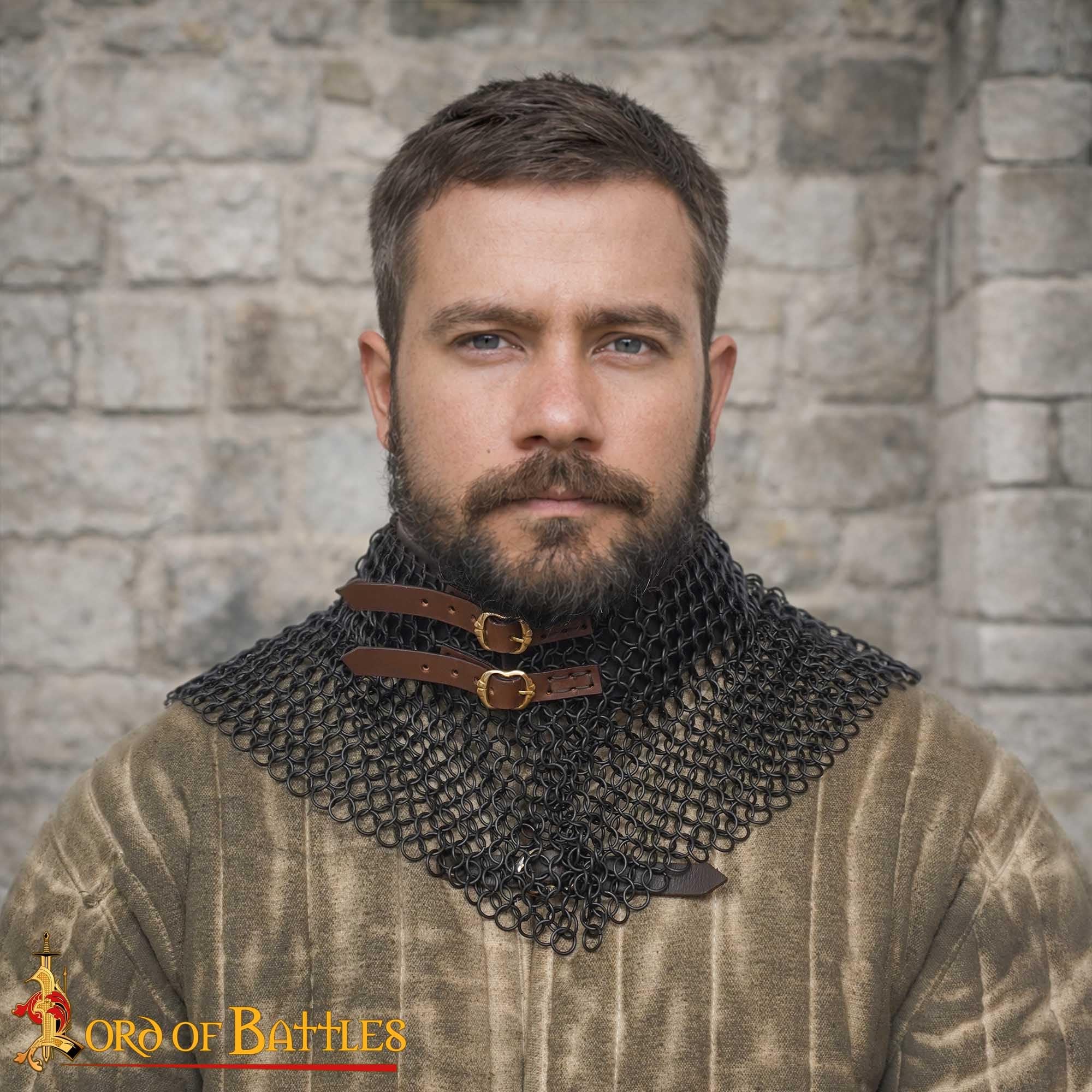 Lord of Battles Kettennetz-Halsband, mittelalterlicher Halsschutz, 10 mm, 16 G, konifizierte Ringe, Baustahl, Maille, Halsschutz