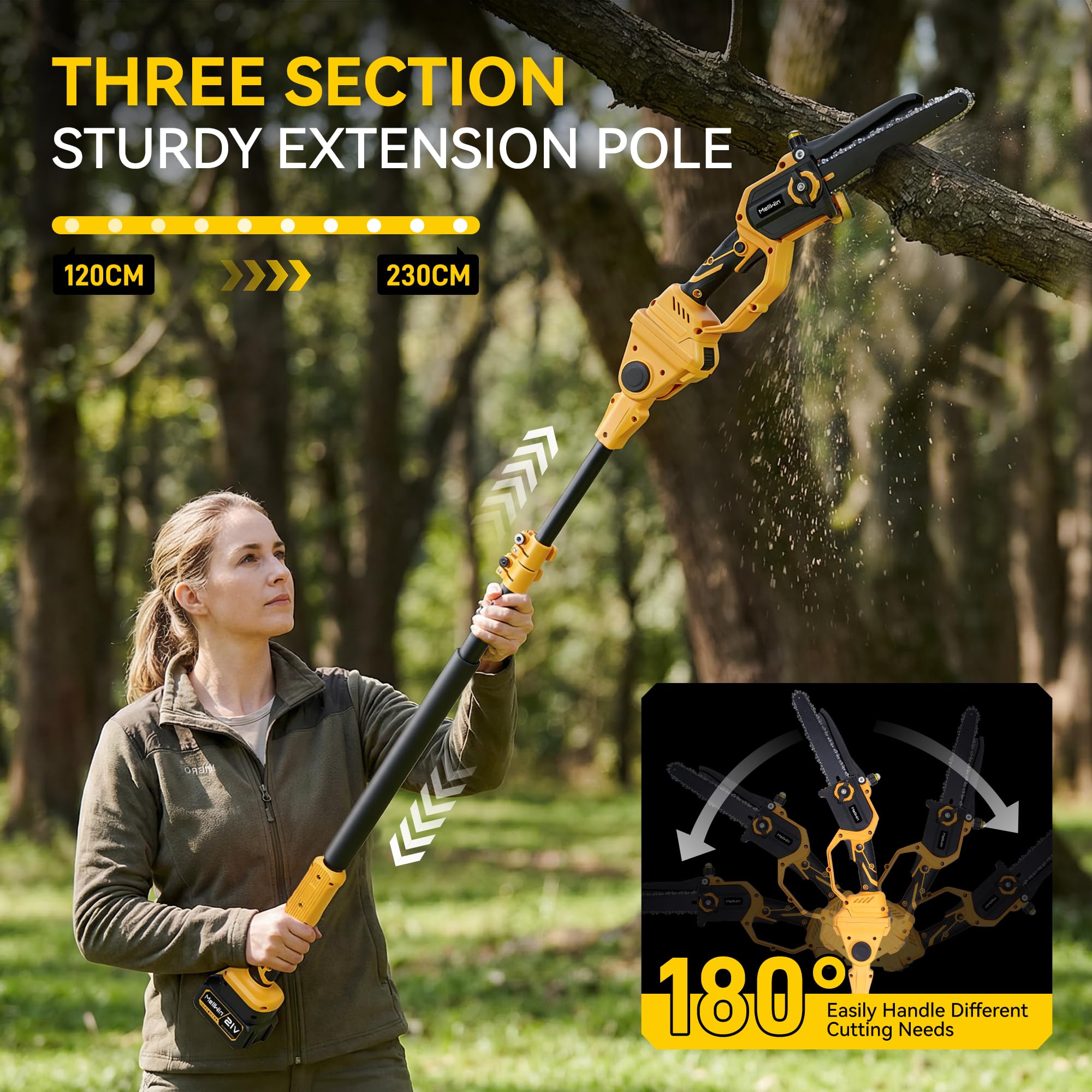 4 in 1 Kettensäge mit Teleskopstange,Elektrische Astschere,8 Zoll Akku gartengeräte und 40mm Gartenschere 180-Grad,30 ml Öltank,bürstenlos Motor Gartenwerkzeug 2,3M (2 * 4000mAh Batterien) | 2 * 4000mAh Batterien