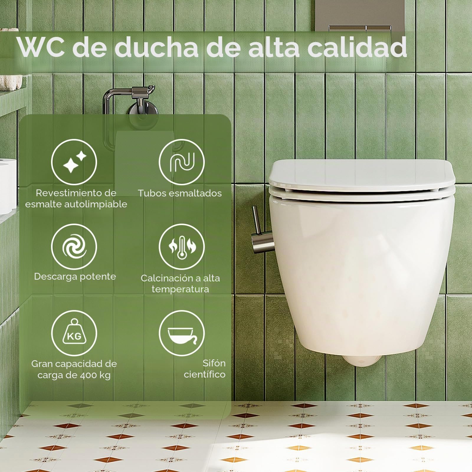 Inodoro de ducha con boquilla integrada, inodoro colgante con función de bidé, inodoro Taharet con nanorevestimiento, inodoro con ducha con grifo, asiento de inodoro con cierre automático, 53×36×35 cm