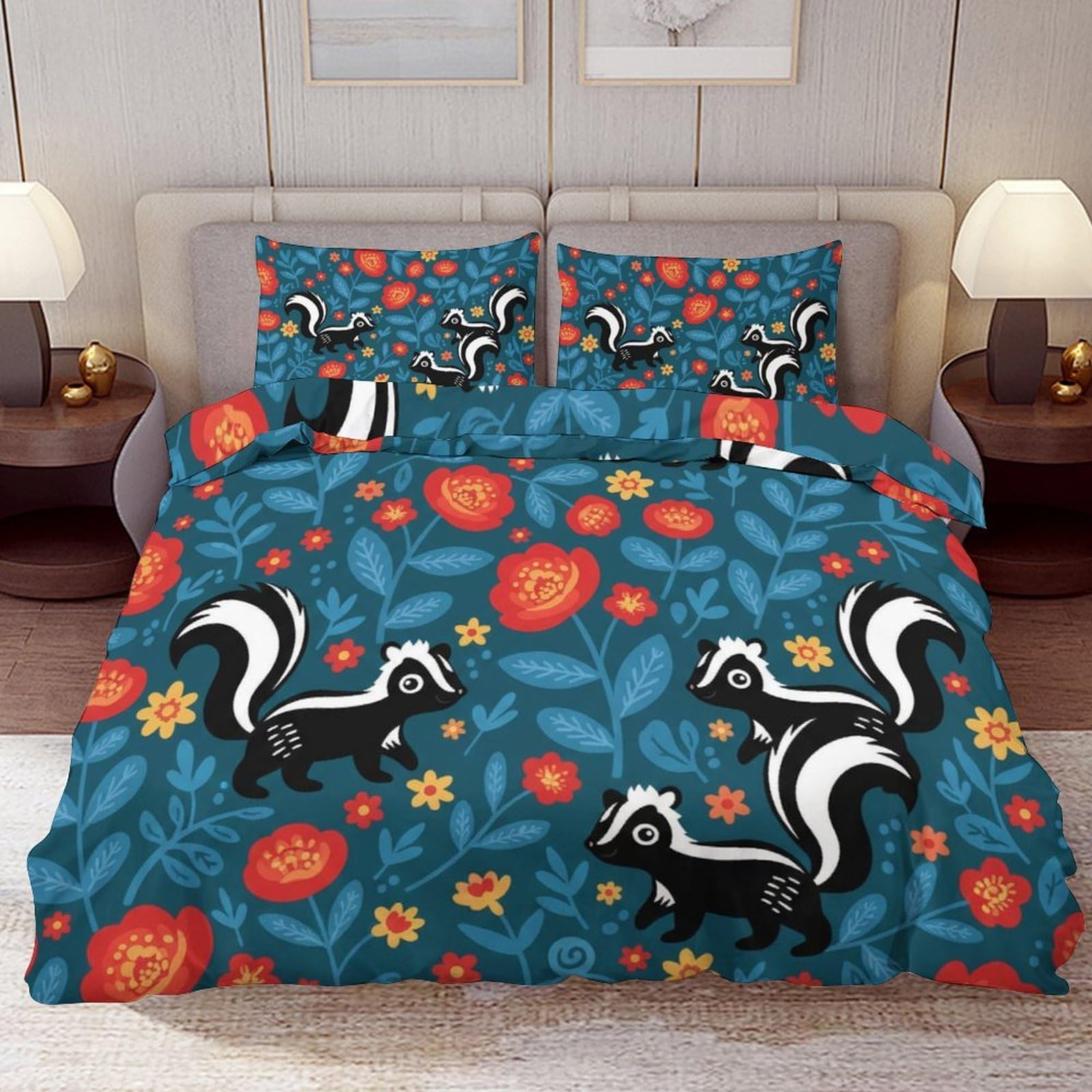Delerain Comforter Cover Set King Size, Cute Skunk Folk Art 3-Piece Bedding Set for Women Men Modern Soft Microfiber Bedroom Set Room Decor, 1 Duvet Cover + 2 Pillowcases