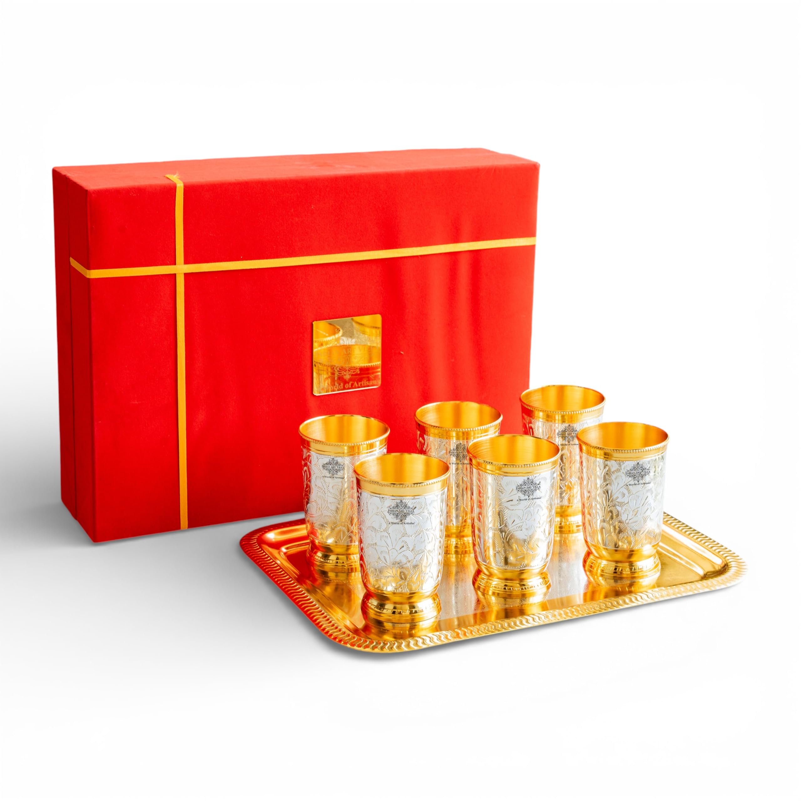 Indian Art Villa Gold Polish Silver Plated Glass Tumbler Cup Set Serving Tray with Gift Box Storage Water