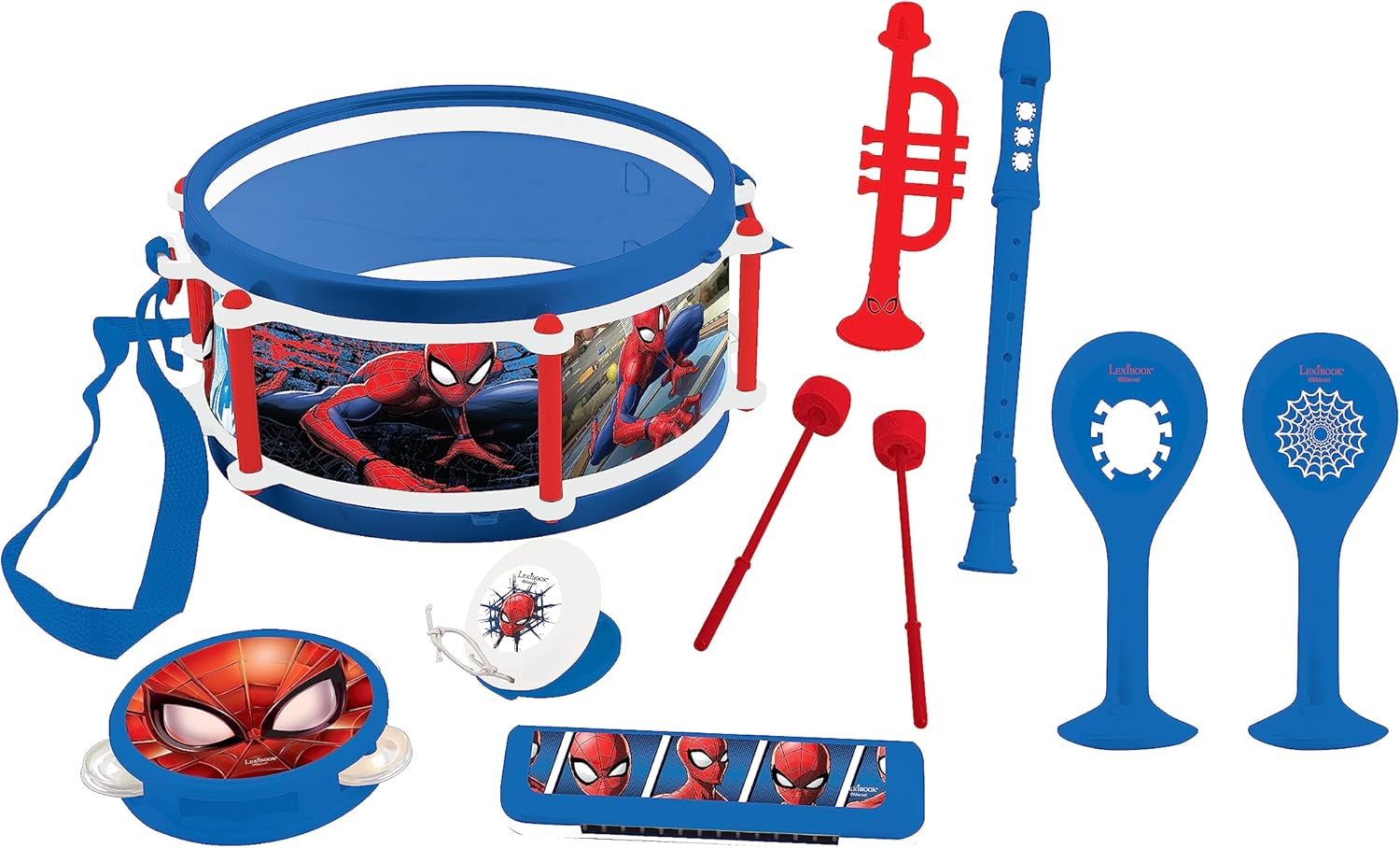 LEXIBOOK K360SP Marvel Spiderman Set of 7 Instruments (Drum, Maracas, Castanet, Harmonica, Recorder, Trumpet, Tambourine), Musical Toy, Convenient Game to Carry, Blue/Red