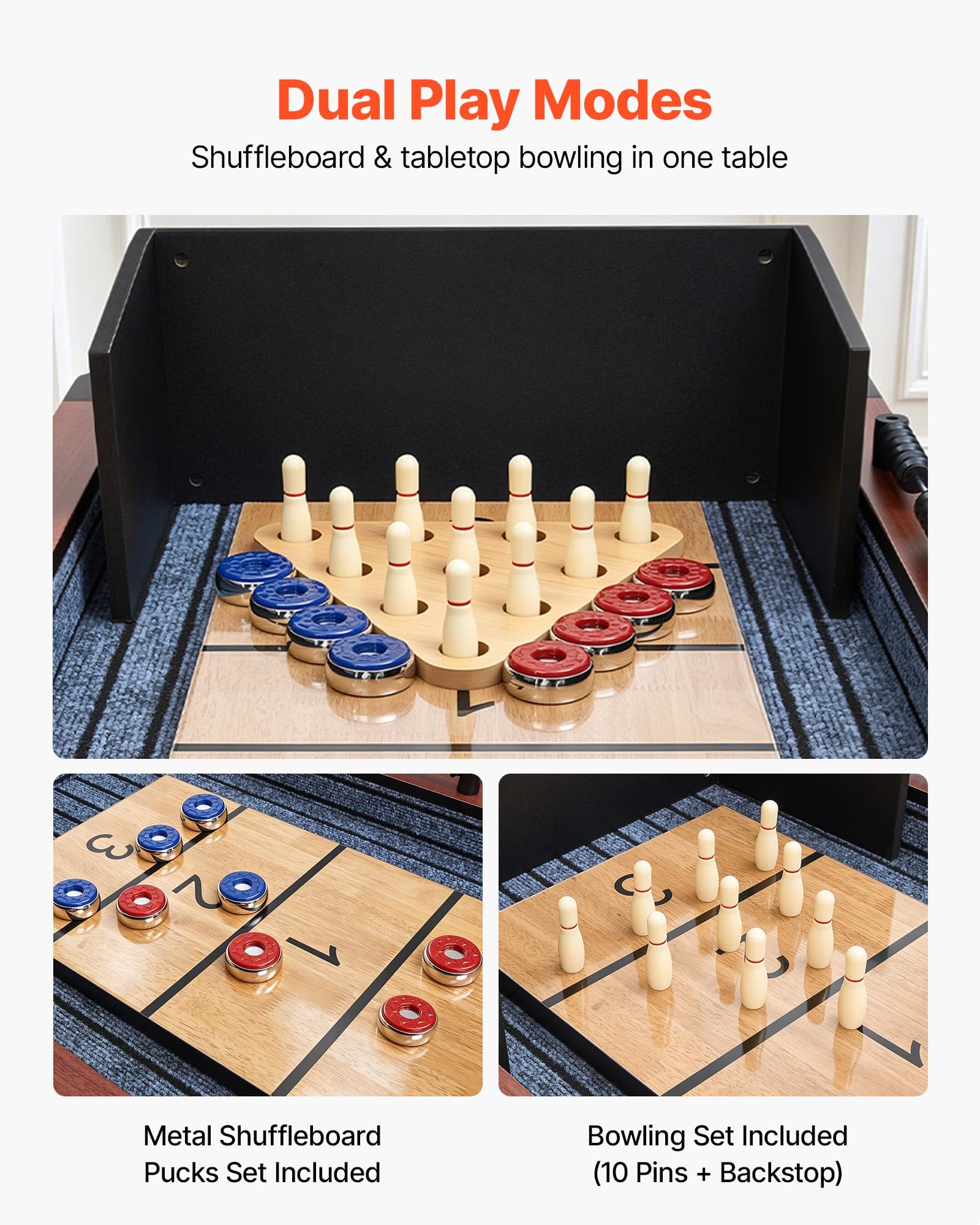 VEVOR Shuffleboard 2 en 1 2,1 m, 2,7 m, 3,6 m, Ensemble combiné Shuffleboard et Bowling avec Terrain de Jeu Anti-Rayures, disques, Ensemble de Bowling, Cire, Pinceau, Salle de Jeux familiale