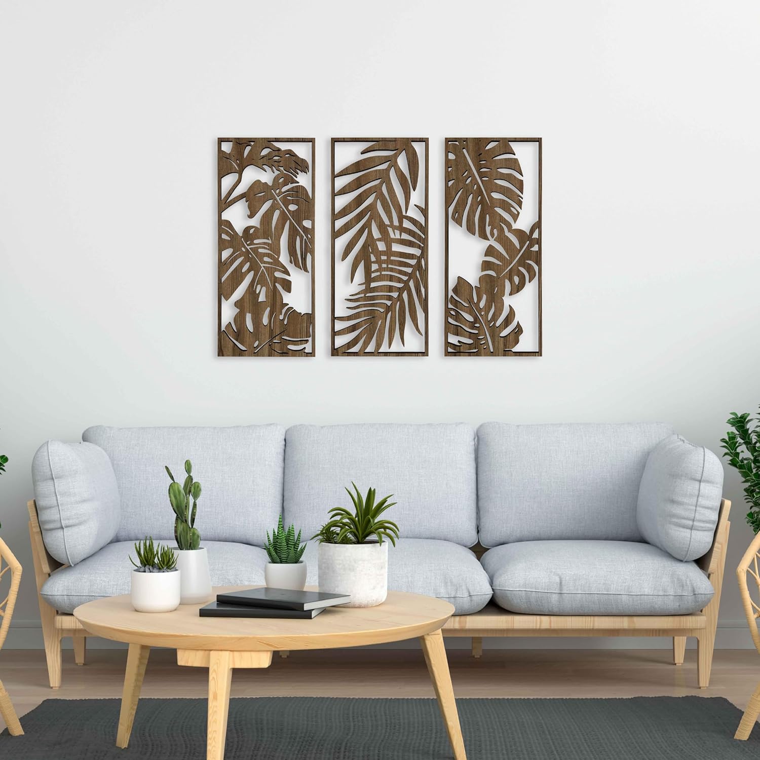 Wood Wall Art of Monstera Leaves, Tropical 3 Piece Wood Wall Decor for Bedroom, Botanical Wood Wall Panels for Living Room, Wooden Wall Art Decor Gift
