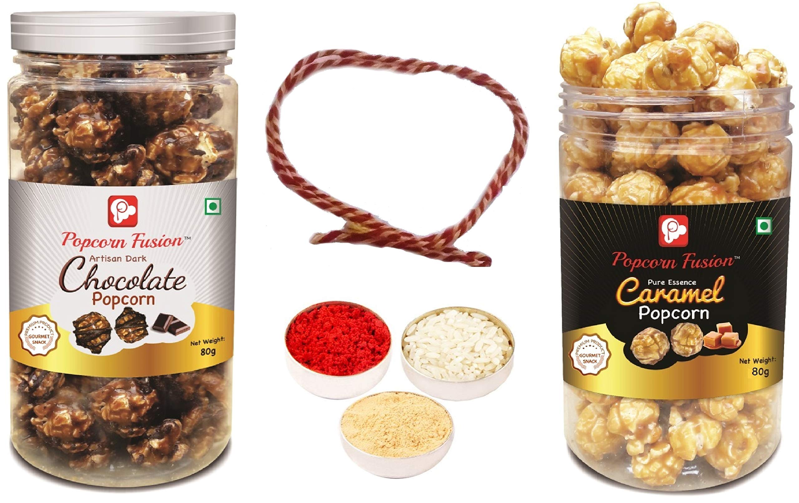 Velour Shoppe Bhai Dooj Combo Popcorn Fusion Chocolate and Caramel Jar with Thread, Roli, Chawal, Chandan Mishri with Optional Personal Message