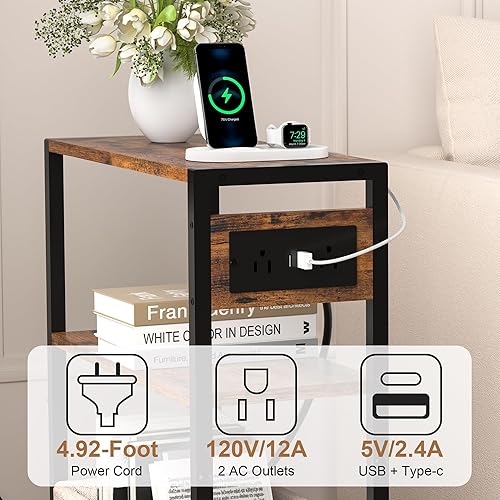 Miniatura 6 de Mesa auxiliar pequeña y estrecha con estación de carga, mesa auxiliar delgada para espacios pequeños, mesita de noche delgada con tomas, mesita de