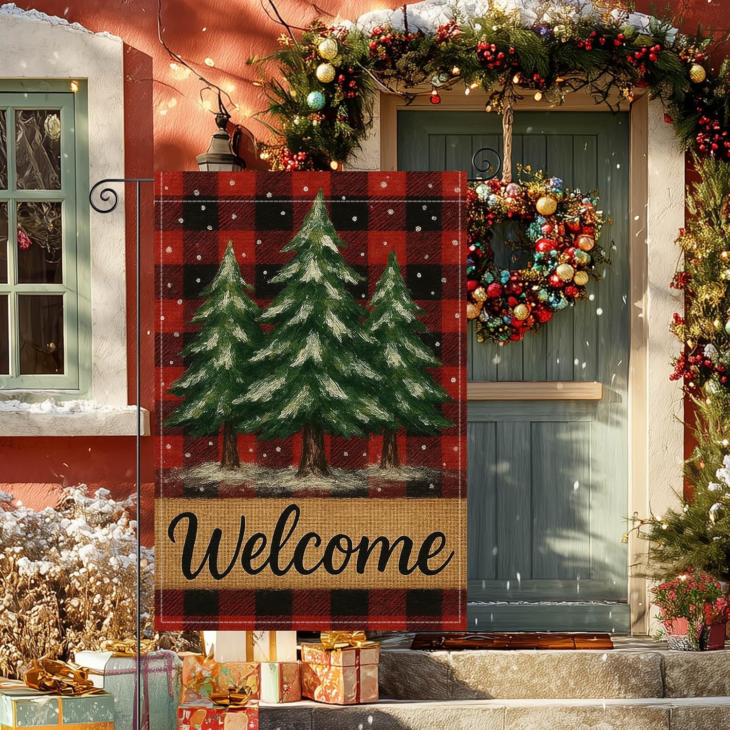 Merry Christmas Garden Flag 12x18 Inch Welcome Garden Flags Burlap Double-Sided Red Buffalo Plaid Pine Trees Seasonal Outdoor Holiday Banner Winter Flag for Yard Lawn Decoration - Image 9