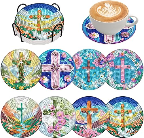 8 posavasos de pintura de diamantes con soporte para bricolaje, cruces de diamante, posavasos de arte de diamante 5D, posavasos de diamante de