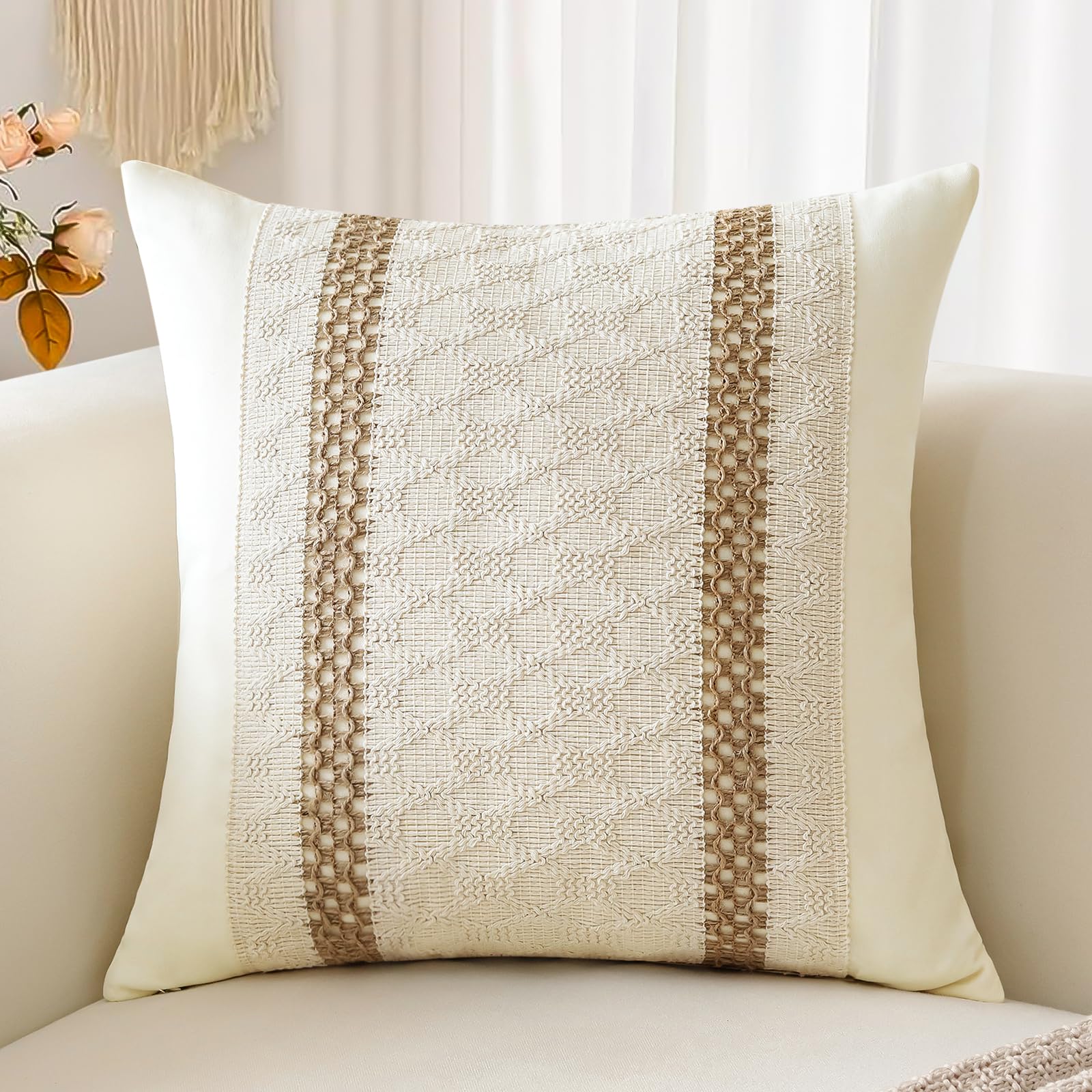 Sungeek Funda de cojín decorativa bohemia de 50 x 50 cm, algodón y arpillera, texturizada, a rayas, estilo bohemio, para sofá, sala de estar, doble rayas, 1 unidad