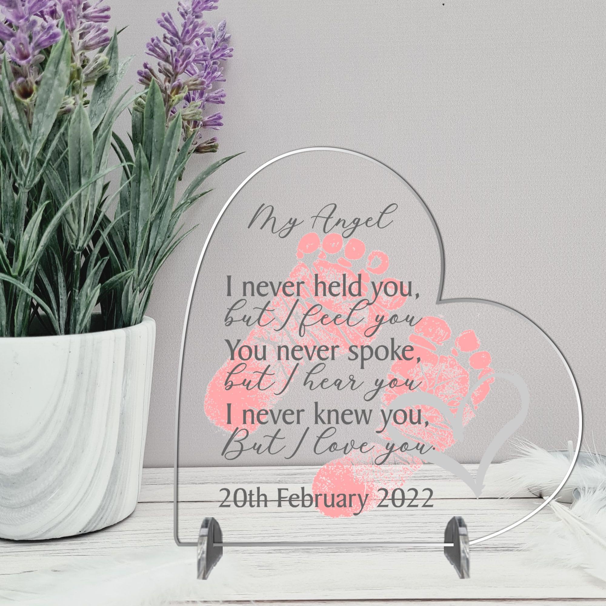 Personalised Angel Baby Memorial Gift - Freestanding Acrylic Plaque with Custom Name & Date, 'My Angel' Verse, Photo Stand - Precious Baby Remembrance for Mums (Medium 13.5cm x 13cm, Pink)