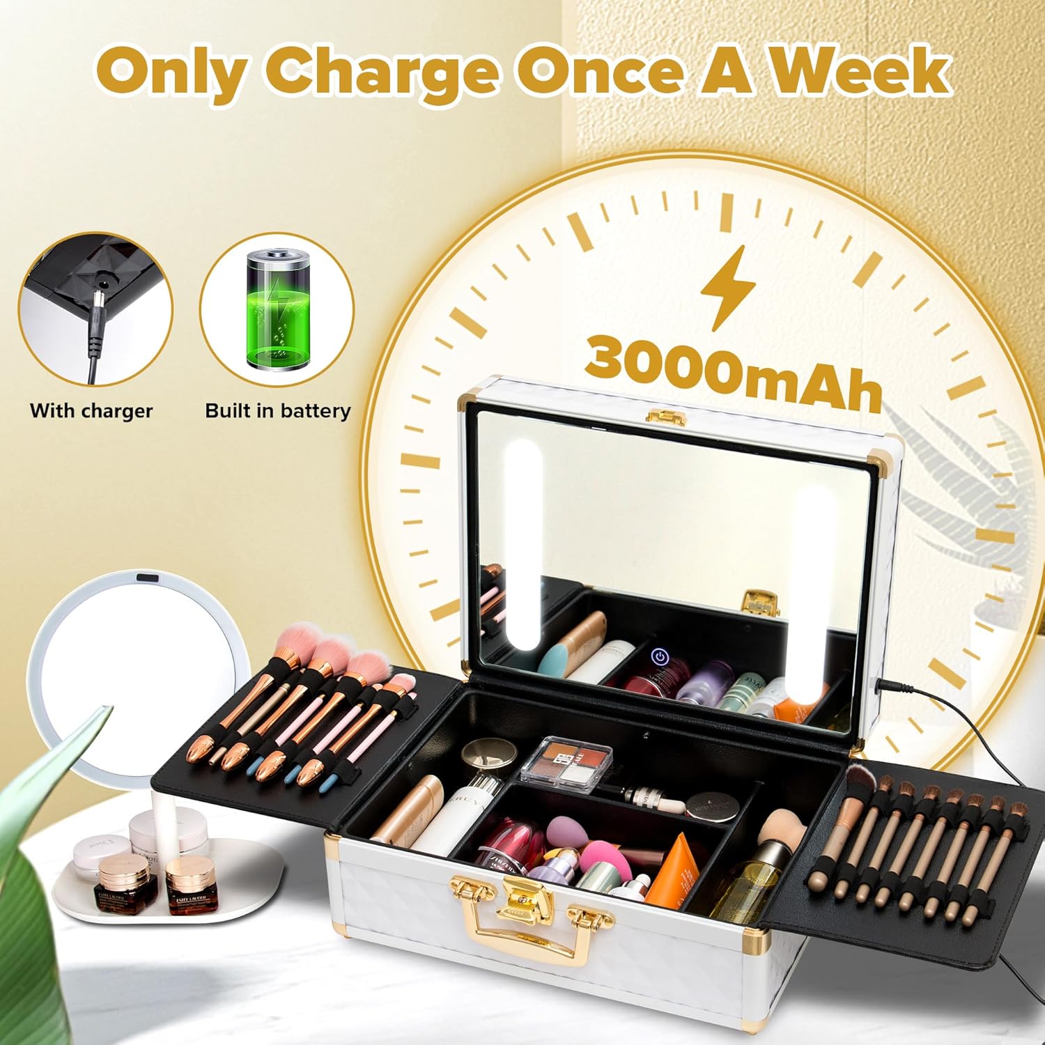 Portable Makeup Case,Cosmetic Box,Beauty Makeup Train Case,with LED Mirror,Travel Makeup Bag Cosmetic Organizer Box with Locks, Brush Holder, Dividers, Rechargeable,Aluminium Alloy, White (White)