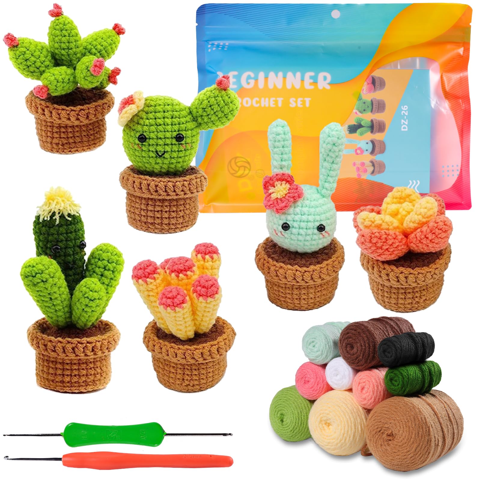 Crochet Kit for Beginners Adults,6 PCS Succulent Potted Plant Crochet Kit,Crochet Starter Kit,for DIY Handcrafts with Include Step-by-Step Video Tutorial, Crochet Hooks, Yarn, Hand Sewing Needle