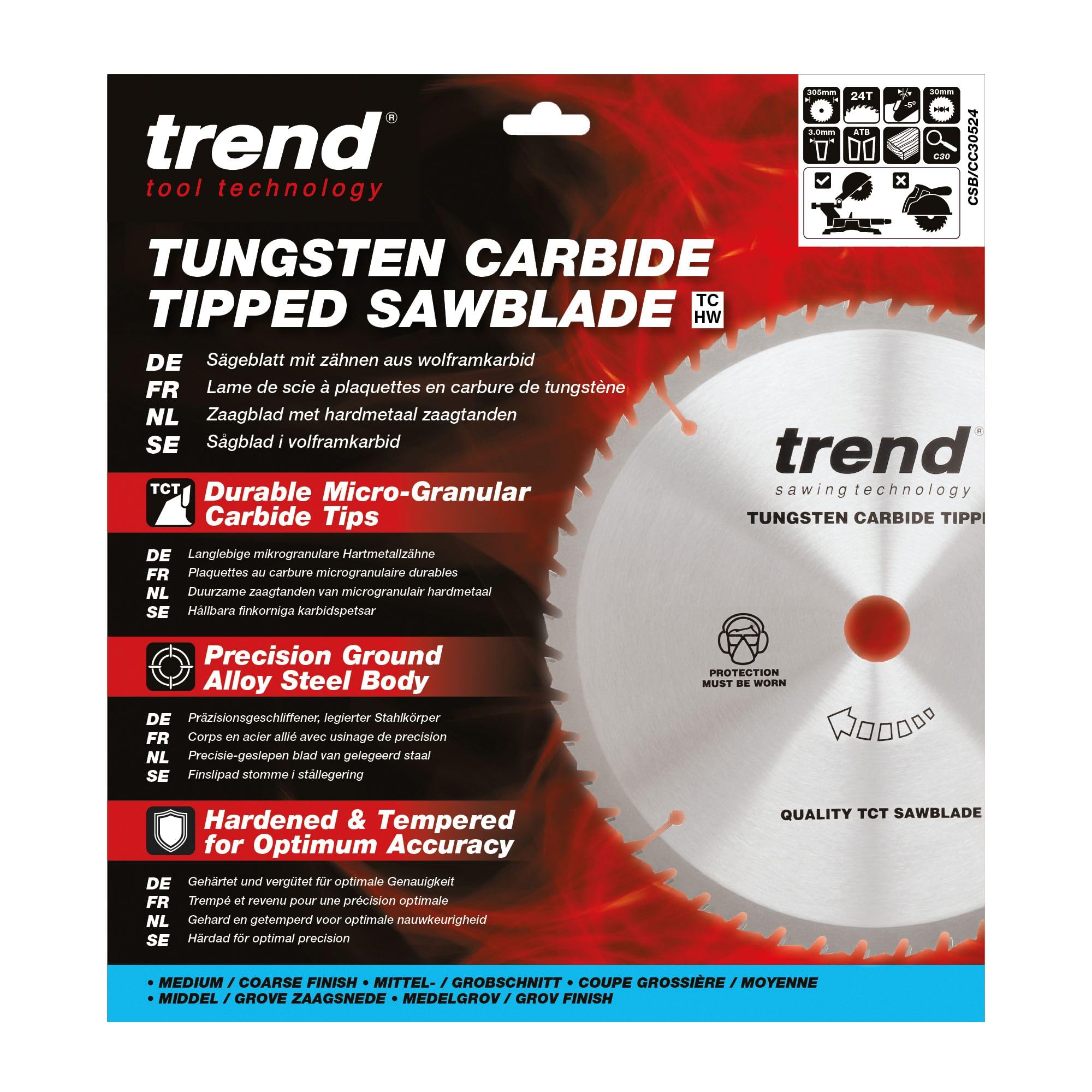 Trend Lama per Troncatrice, Diametro 305 mm, Foro 30 mm, 24 Denti, Taglio 3 mm, Angolo -5°, Metallo Duro (TCT), Finitura Grossolana, CSB/CC30524