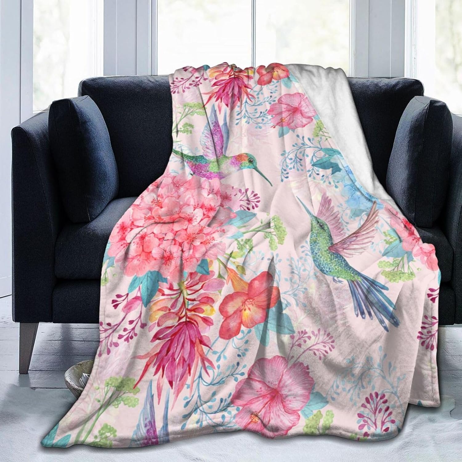 Perinsto Tropical Flowers and Hummingbirds Throw Blanket Ultra Soft Warm All Season Decorative Fleece Blankets for Bed Chair Car Sofa Couch Bedroom 80"X60"