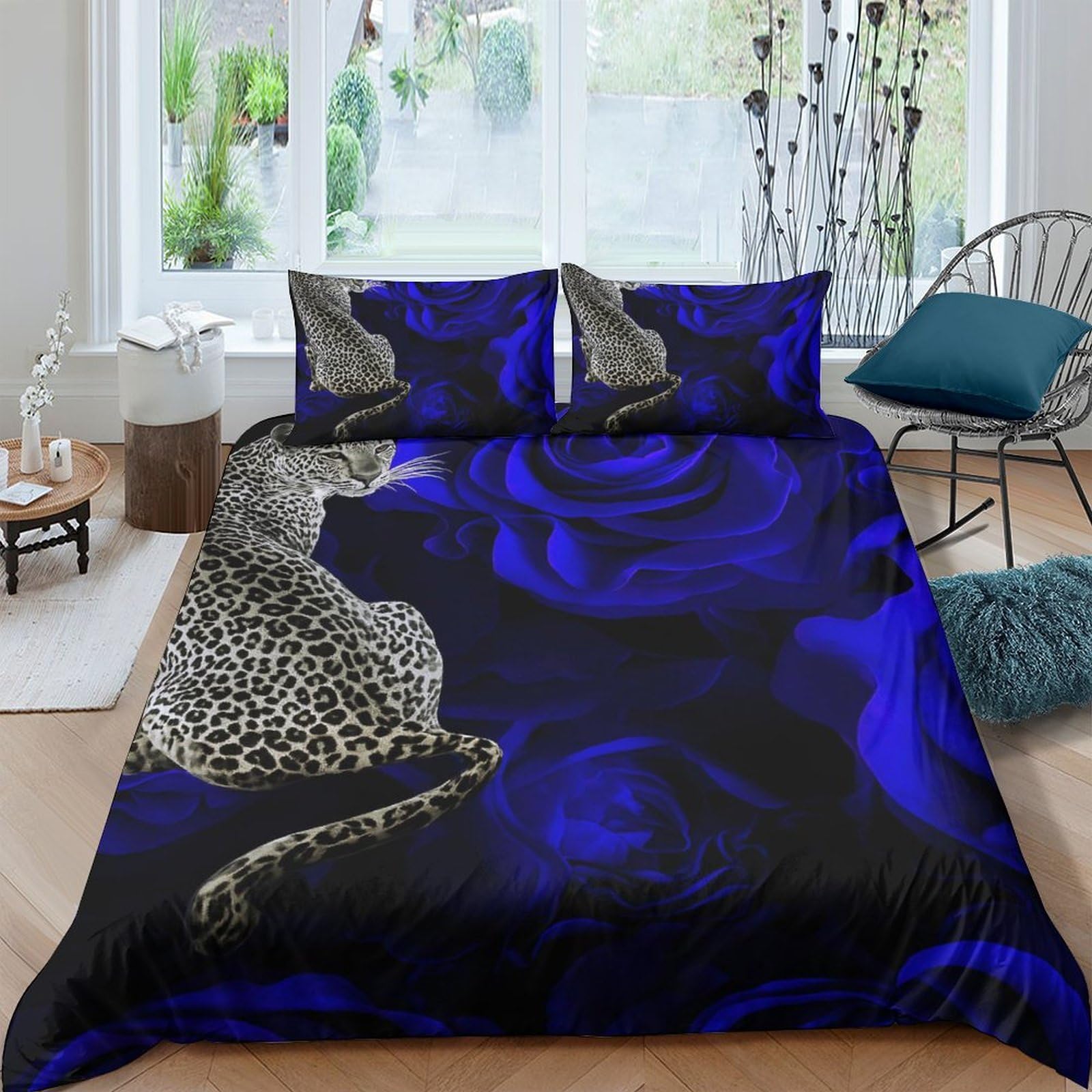 GPLZQXKJNH 3D Printed Blue Rose Leopard Duvet Cover Microfiber Soft Breathable Bedding Set with 2 Pillowcases for Bedroom Decoration Single（135x200cm）