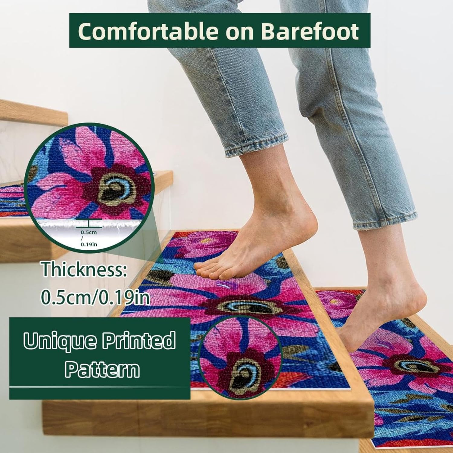 Patchwork Boho Paisley Floral (1) Stair Treads for Wooden Steps Indoor Runner Rug Carpet, 15 Pieces Peel and Stick Staircase Step Treads Covers Washable Throw Door Mats 30"x8"