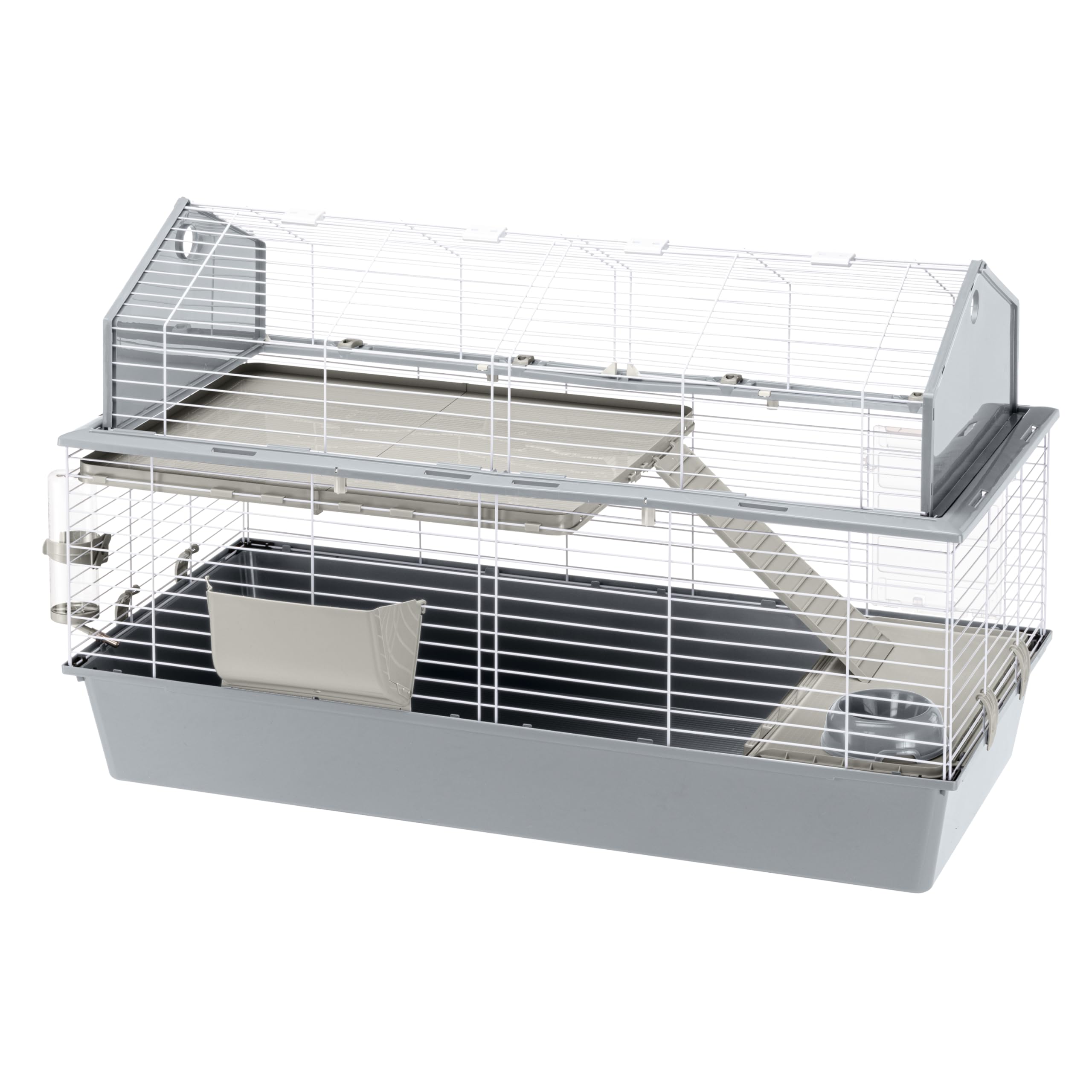 Cage BARN 120 pour Lapins et Petits Animaux, 2 étages, Toit Ouvrant, Accessoires et Adhésifs Inclus