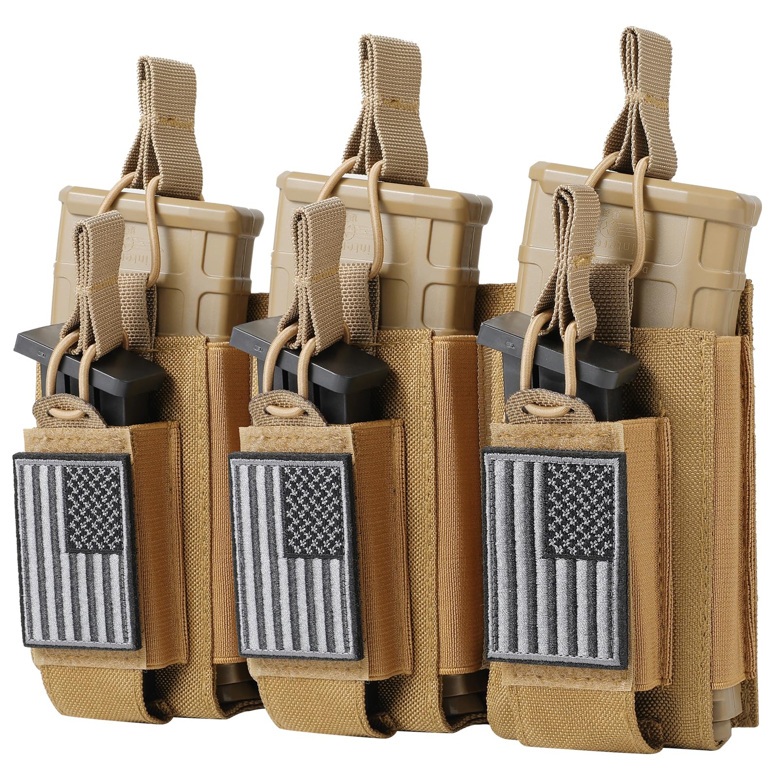 MOLLE Open-Top Single/Double/Triple Mag Pouch for AR-15 M4 AK 5.56mm Glock 9mm - Elastic Rifle Pistol Magazine Holder wi