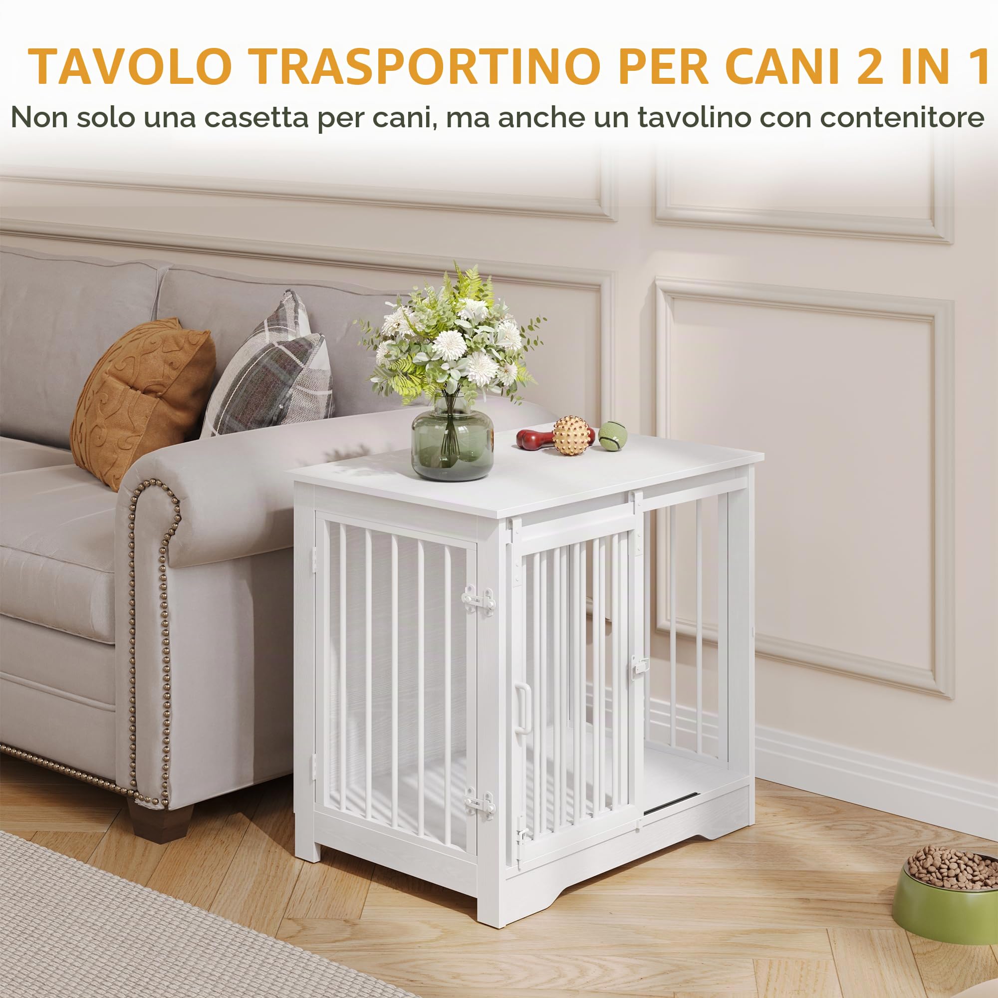 Hzuaneri 69 cm Gabbia per Cani, Tavolo Supplemento, Nicchia Moderna per Cani, Gabbia per Cuccioli, Casetta per Animali, 2 porte, 49 × 69 × 64,5 cm, Bianco DFC84313W