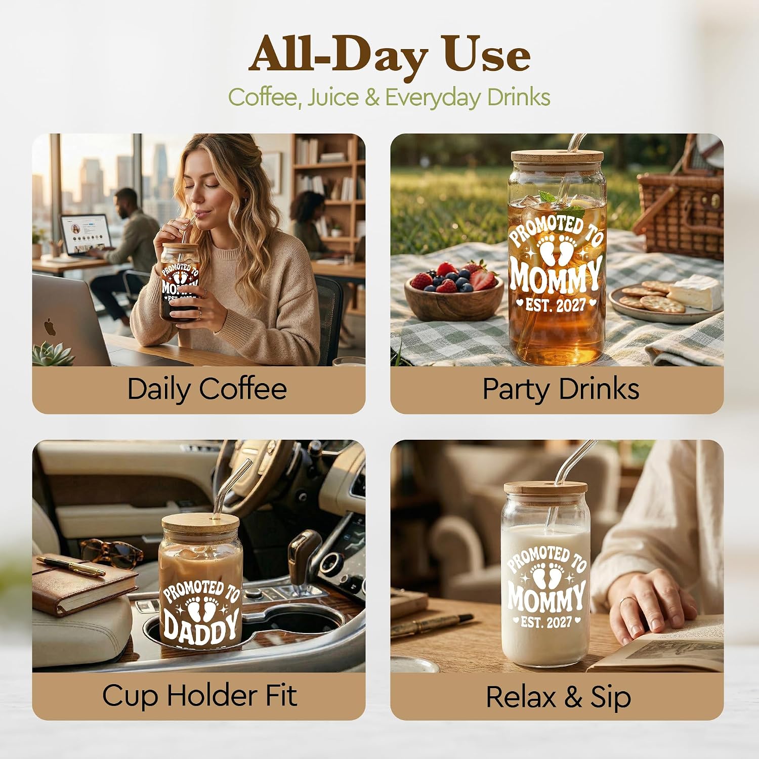 Promoted to Mommy and Daddy Glass Cup Set, Est 2027 Expecting Parents Gift for New Parents,Friends,Sister,Bestie,16 Oz Coffee Cup with Bamboo Lids and Glass Straws