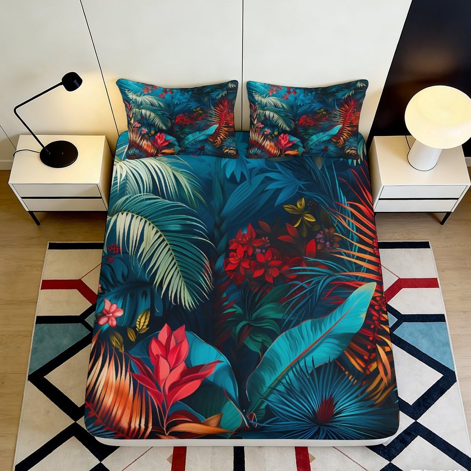 3D Printed Tropical Jungle Fitted Sheet Microfiber Soft Breathable Exotic Botanical Mattress Cover Bedroom Decor 90x200x25cm