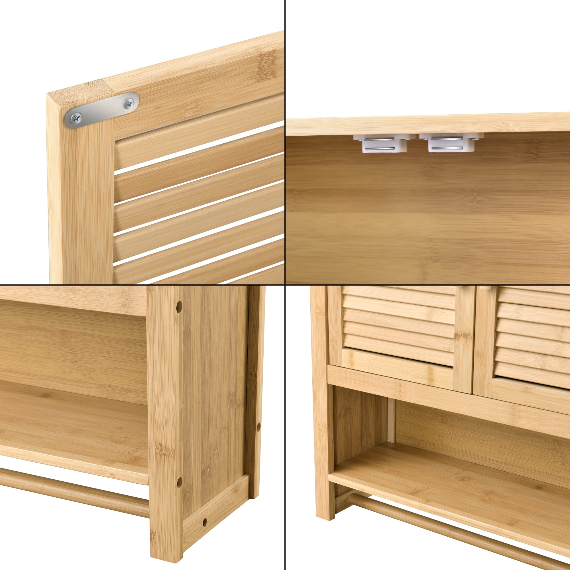 [en.casa] Meuble de Rangement Mural à 3 Niveaux Placard de Salle de Bain avec Porte-Serviette Intégré 2 Portes Bambou 66 x 62 x 20 cm Naturel