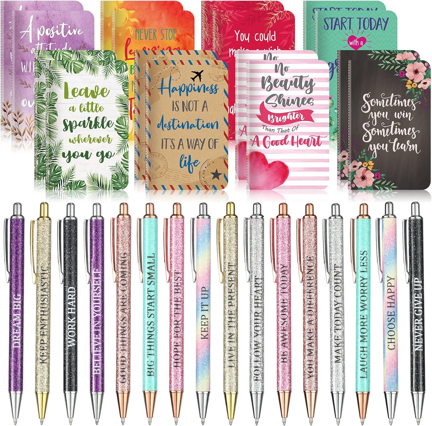 Funrous 32 Pcs Motivational Quote Pens Inspirational Notepads Mini Journal with Ballpoint Pen Small Notebooks Gift for Men Women Coworker Adult Party Favors Prize Teacher Student Office(Cute)