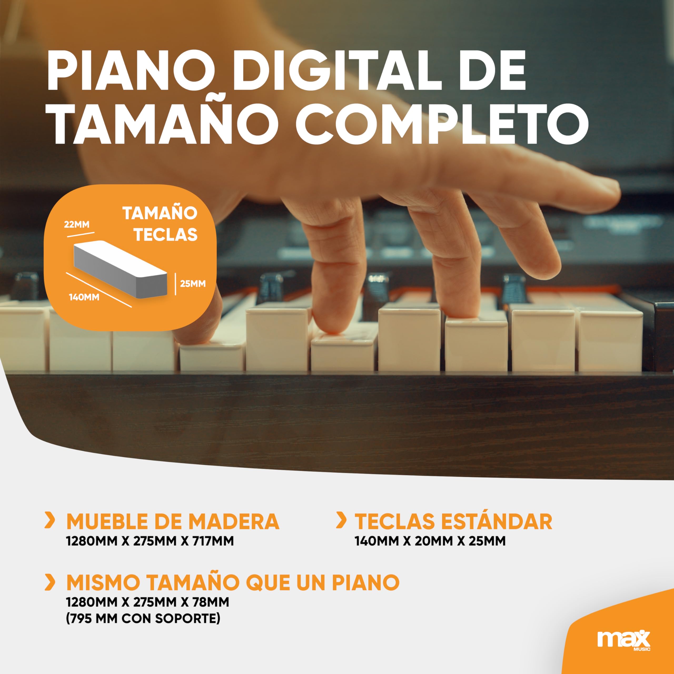 MAX Rhapsody DP88P, Piano teclado electrónico de 88 teclas sensibles al tacto, 10 timbres, 25 voces GM, 26 canciones demo, soporte de mueble, pedal de sustain, USB Midi y conexión sustain